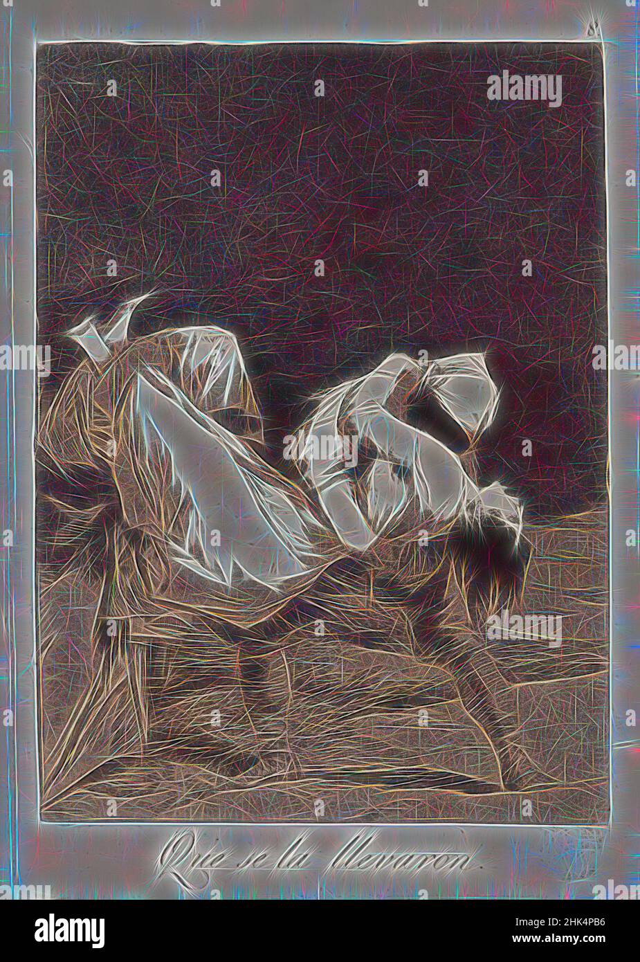 Inspiriert von they Carried her Off!, Que se la llevaron!, Los Caprichos, Platte 8, Francisco de Goya y Lucientes, Spanisch, 1746-1828, Radierung und Aquatinta auf gedecktem Papier, Spanien, 1797-1798, Platte: 8 9/16 x 6 Zoll, 21,7 x 15,2 cm, Aquatinta, Tragen, Gravieren, Radieren, Mann mit Frau, Alter Meister, Druck, neu erfunden von Artotop. Klassische Kunst neu erfunden mit einem modernen Twist. Design von warmen fröhlichen Leuchten der Helligkeit und Lichtstrahl Strahlkraft. Fotografie inspiriert von Surrealismus und Futurismus, umarmt dynamische Energie der modernen Technologie, Bewegung, Geschwindigkeit und Kultur zu revolutionieren Stockfoto