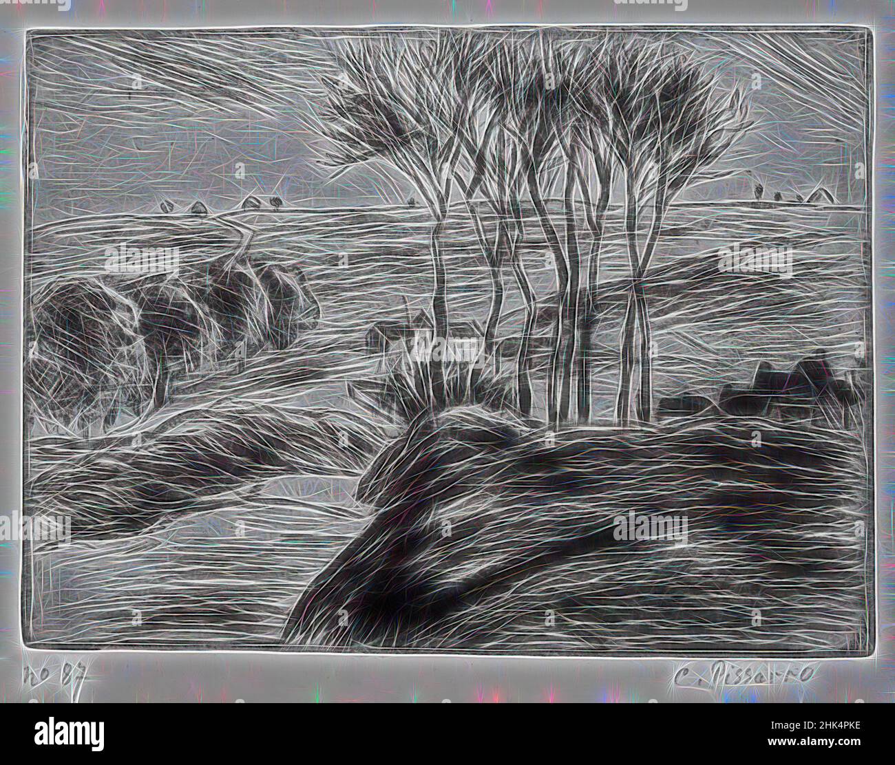 Inspiriert von Landscape at Osny, Paysage à Osny, Camille Jacob Pissarro, Französisch, 1830-1903, Radierung auf Büttenpapier, Frankreich, 1887, 4 9/16 x 6 3/16 Zoll, 11,6 x 15,7 cm, neu erfunden von Artotop. Klassische Kunst neu erfunden mit einem modernen Twist. Design von warmen fröhlichen Leuchten der Helligkeit und Lichtstrahl Strahlkraft. Fotografie inspiriert von Surrealismus und Futurismus, umarmt dynamische Energie der modernen Technologie, Bewegung, Geschwindigkeit und Kultur zu revolutionieren Stockfoto