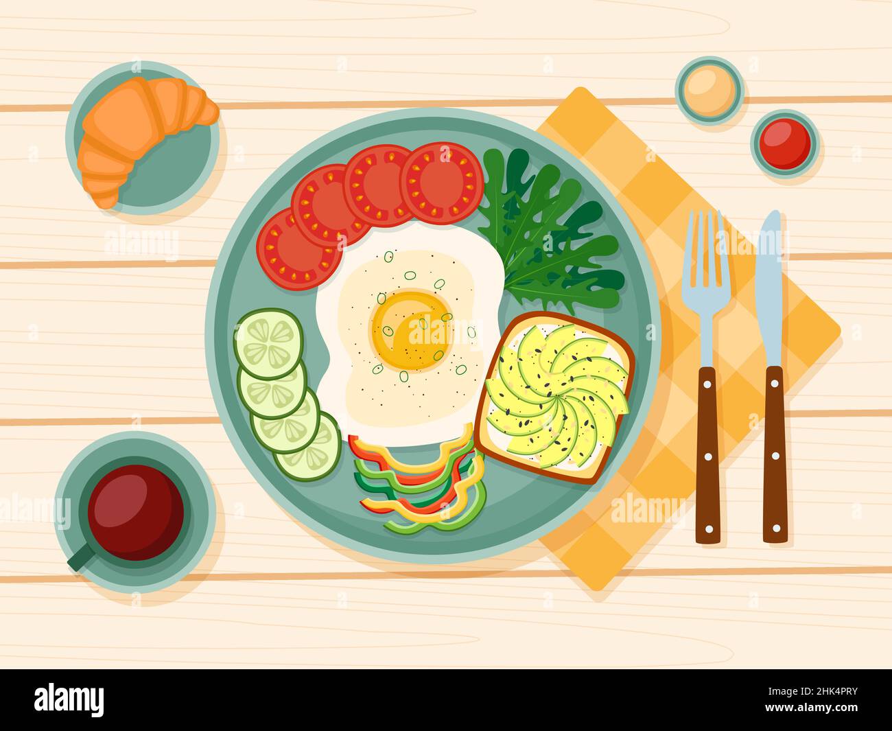 Gesundes Frühstück, Spiegelei, Gemüse, Toast mit Avocado, Kaffee, Croissant, Vektor-Illustration Stock Vektor
