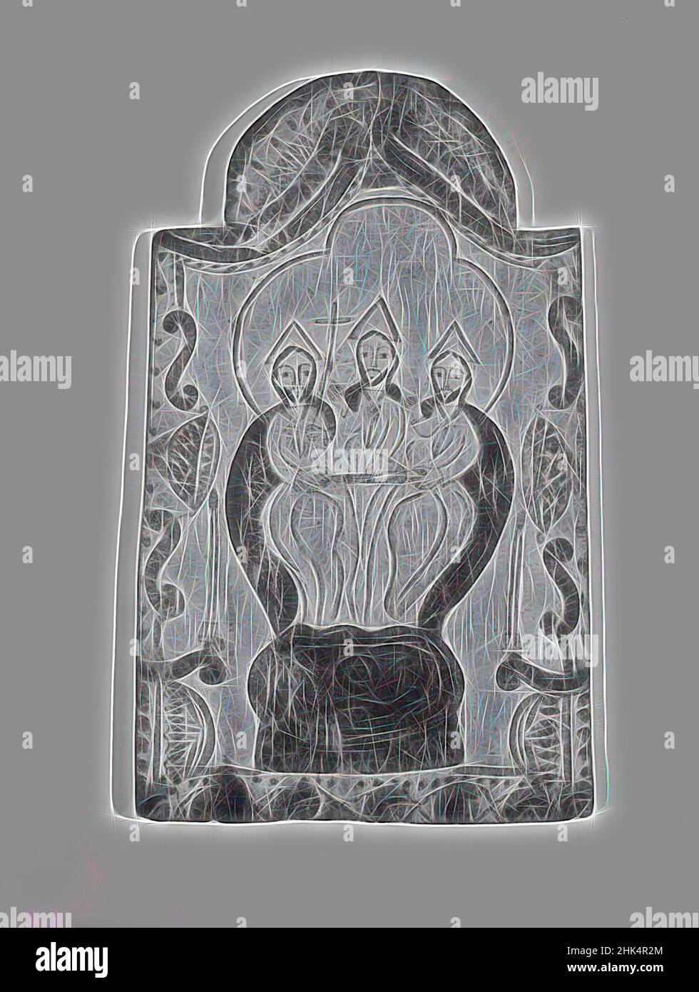 Inspiriert von der Heiligen Dreifaltigkeit, Pedro Antonio Frésquis/Truchas Meister, ca. 1749-1831, Pine, Gesso, Farben auf Wasserbasis, New Mexico, USA, Ende 18th-Anfang 19th Jahrhundert, 23 3/8 x 14 1/8 Zoll, Christentum, hypostatische Vereinigung, Geheimnis, Malerei, Religion, Spanisch Colonial, die Heilige Dreifaltigkeit, drei, neu erfunden von Artotop. Klassische Kunst neu erfunden mit einem modernen Twist. Design von warmen fröhlichen Leuchten der Helligkeit und Lichtstrahl Strahlkraft. Fotografie inspiriert von Surrealismus und Futurismus, umarmt dynamische Energie der modernen Technologie, Bewegung, Geschwindigkeit und Kultur zu revolutionieren Stockfoto