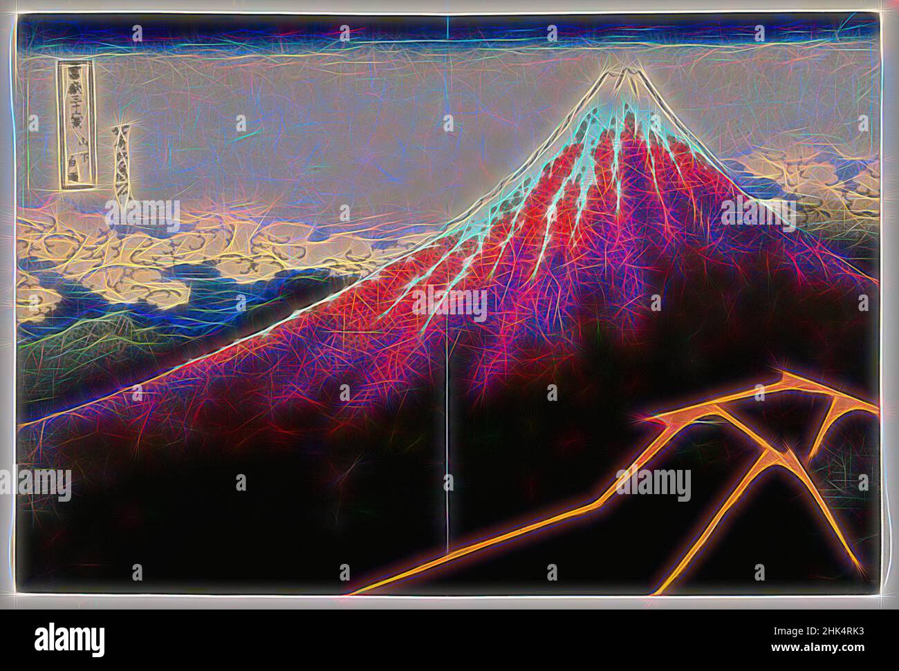 Inspiriert von Regensturm unter dem Gipfel, aus der Serie 36 Ansichten des Fuji-Berges, aus der Serie: '36 Ansichten des Fuji', Katsushika Hokusai, japanisch, 1760-1849, Farbholzschnitt auf Papier, Japan, ca. 1832, Edo-Periode, 9 7/8 x 14 5/8 Zoll, 25,1 x 37,1 cm, Japan, Fuji-Berg, Berg, neu erfunden von Artotop. Klassische Kunst neu erfunden mit einem modernen Twist. Design von warmen fröhlichen Leuchten der Helligkeit und Lichtstrahl Strahlkraft. Fotografie inspiriert von Surrealismus und Futurismus, umarmt dynamische Energie der modernen Technologie, Bewegung, Geschwindigkeit und Kultur zu revolutionieren Stockfoto