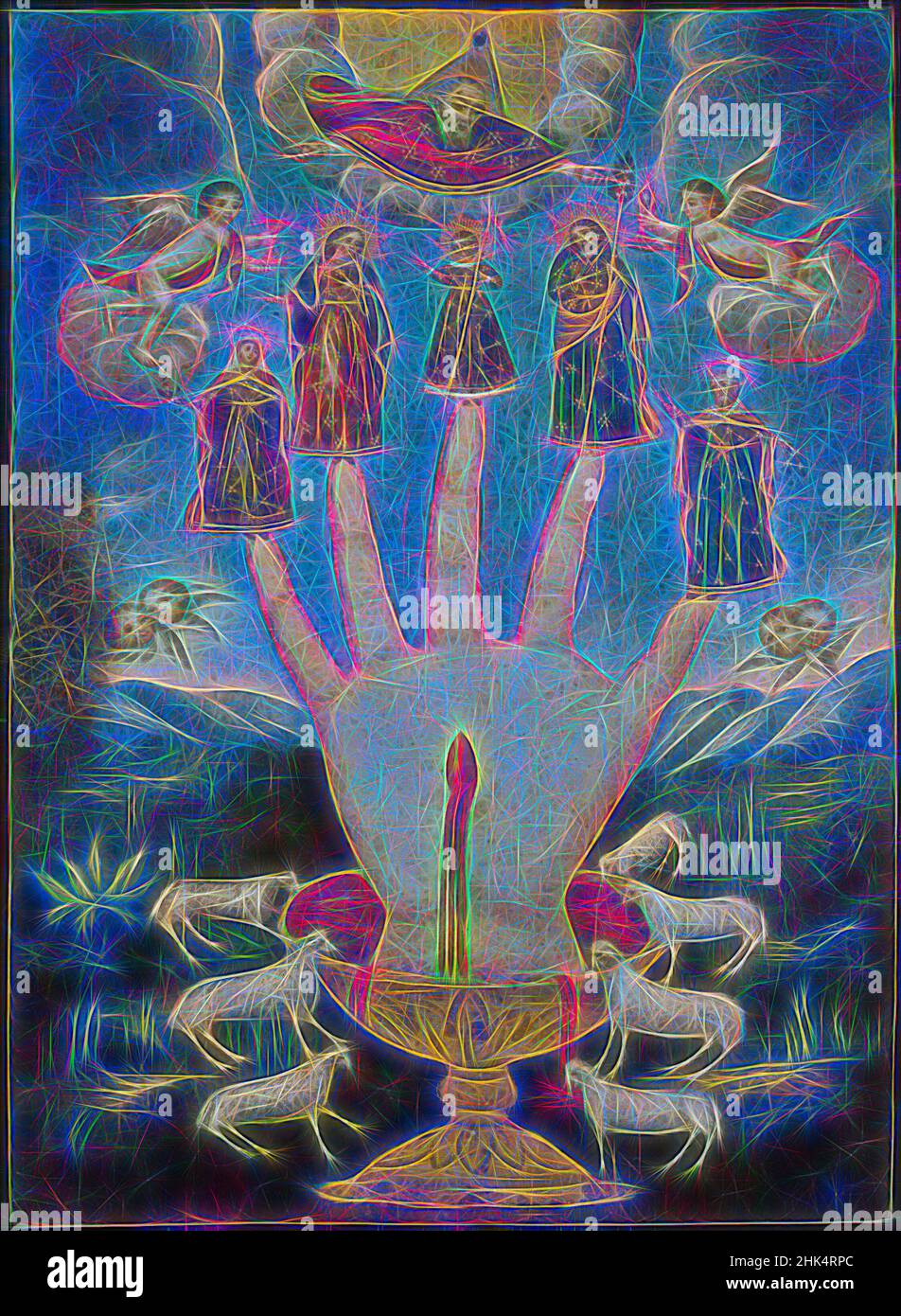 Inspiriert von Mano Poderosa, der Allmächtigen Hand, oder Las Cinco Personas, den fünf Personen, Mexikaner, Öl auf Metall, möglicherweise verzinntes Eisen, Mexiko, 19th Jahrhundert, 13 7/8 x 10 1/16in., 35,2 x 25,6cm, 19th Jahrhundert, Engel, Anne, Blut, Feier, Kelch, Cherubs, Christus, christentum, Fingerpuppen, neu erfunden von Artotop. Klassische Kunst neu erfunden mit einem modernen Twist. Design von warmen fröhlichen Leuchten der Helligkeit und Lichtstrahl Strahlkraft. Fotografie inspiriert von Surrealismus und Futurismus, umarmt dynamische Energie der modernen Technologie, Bewegung, Geschwindigkeit und Kultur zu revolutionieren Stockfoto