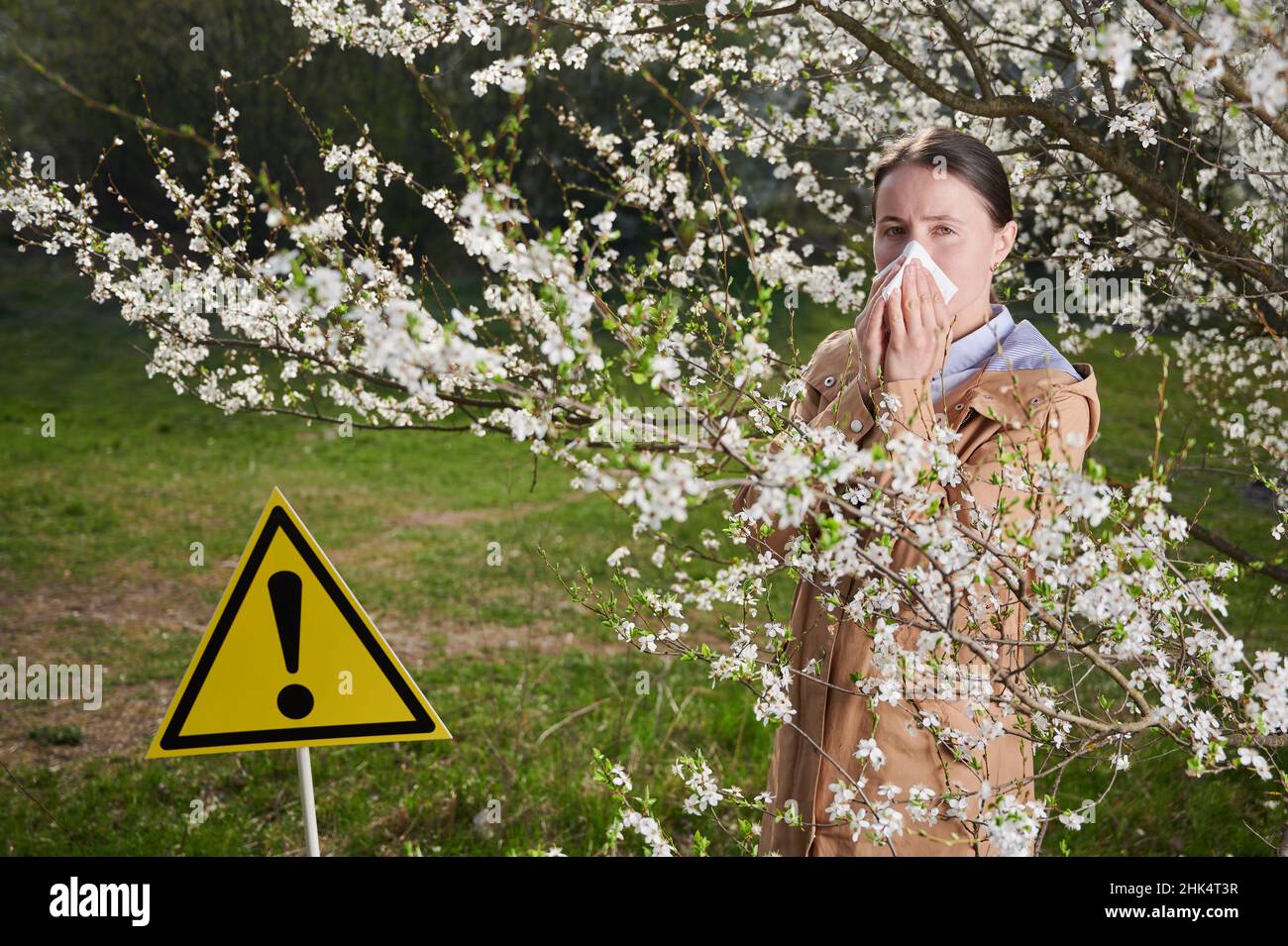 Allergische Frau, die im Frühling an einer saisonalen Allergie leidet und im Frühling im blühenden Garten posiert. Junge Frau niest und bläst die Nase zwischen blühenden Bäumen in der Nähe des Hinweisschildes. Stockfoto