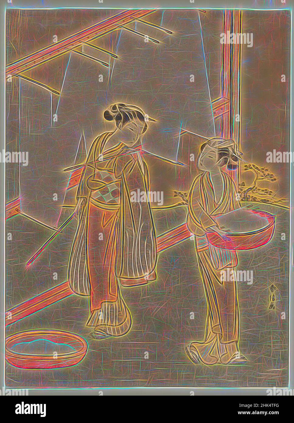 Inspiriert von Young Girl and Servant Drying Japanese Fine Noodles, Suzuki Harunobu, Japanisch, 1724-1770, Farbholzschnitt auf Papier, Japan, ca. 1766, Edo-Periode, 10 9/16 x 7 7/8 Zoll, 26,8 x 20,1 cm, neu erfunden von Artotop. Klassische Kunst neu erfunden mit einem modernen Twist. Design von warmen fröhlichen Leuchten der Helligkeit und Lichtstrahl Strahlkraft. Fotografie inspiriert von Surrealismus und Futurismus, umarmt dynamische Energie der modernen Technologie, Bewegung, Geschwindigkeit und Kultur zu revolutionieren Stockfoto