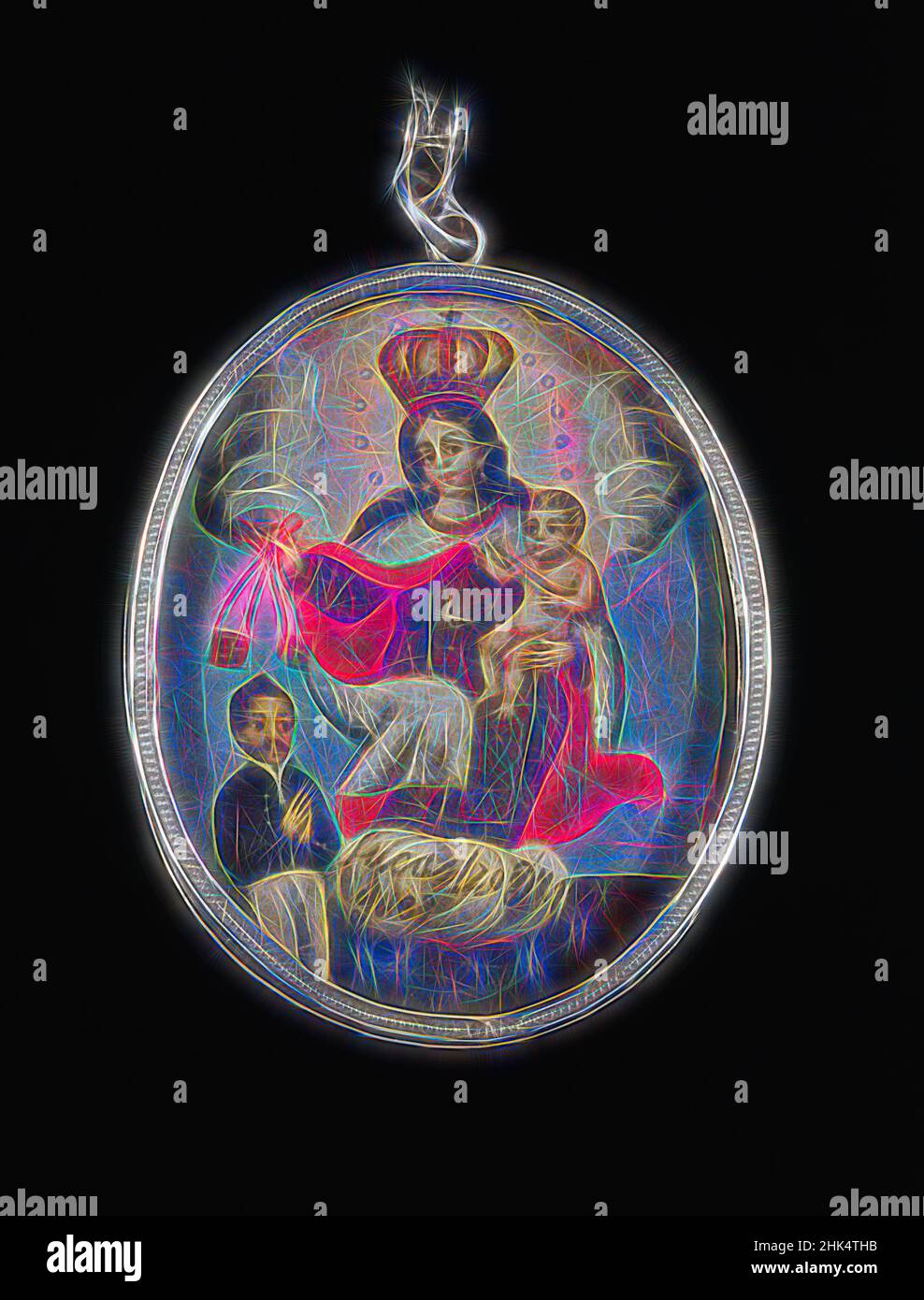 Inspiriert von Painted Medallion in Medaillon Frame, Öl auf Metall in ovalem Silber Frame, Peru, ca. 1830-1850, 4 1/2 x 3 3/8 x 1/2 Zoll, 11,4 x 8,6 x 1,3 cm, Engel, Erzengel, Jesuskind, Umhang, katholizismus, Kirche, Wolken, kirchlich, Fisch, Halo, hispanische Herkunft, Jesus, lateinamerikanische Kunst, madonna, Mary, neu erfunden von Artotop. Klassische Kunst neu erfunden mit einem modernen Twist. Design von warmen fröhlichen Leuchten der Helligkeit und Lichtstrahl Strahlkraft. Fotografie inspiriert von Surrealismus und Futurismus, umarmt dynamische Energie der modernen Technologie, Bewegung, Geschwindigkeit und Kultur zu revolutionieren Stockfoto