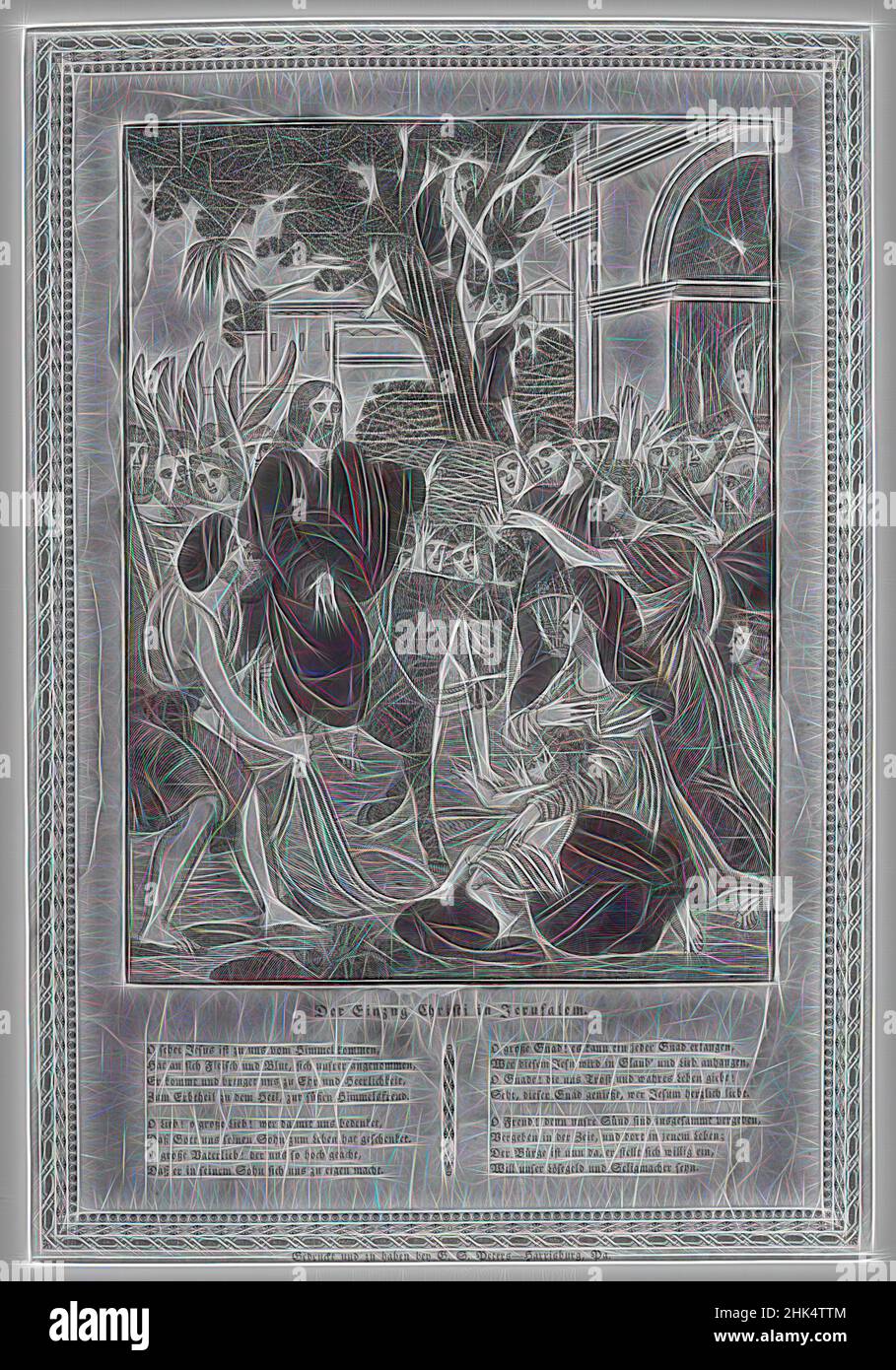 Inspiriert von Christus, der Jerusalem betreten hat, G. S. Peters, Holzschnitt auf Papier, ca. 1830, Bild: 9 3/8 x 7 1/8 Zoll, 23,8 x 18,1 cm, neu gestaltet von Artotop. Klassische Kunst neu erfunden mit einem modernen Twist. Design von warmen fröhlichen Leuchten der Helligkeit und Lichtstrahl Strahlkraft. Fotografie inspiriert von Surrealismus und Futurismus, umarmt dynamische Energie der modernen Technologie, Bewegung, Geschwindigkeit und Kultur zu revolutionieren Stockfoto