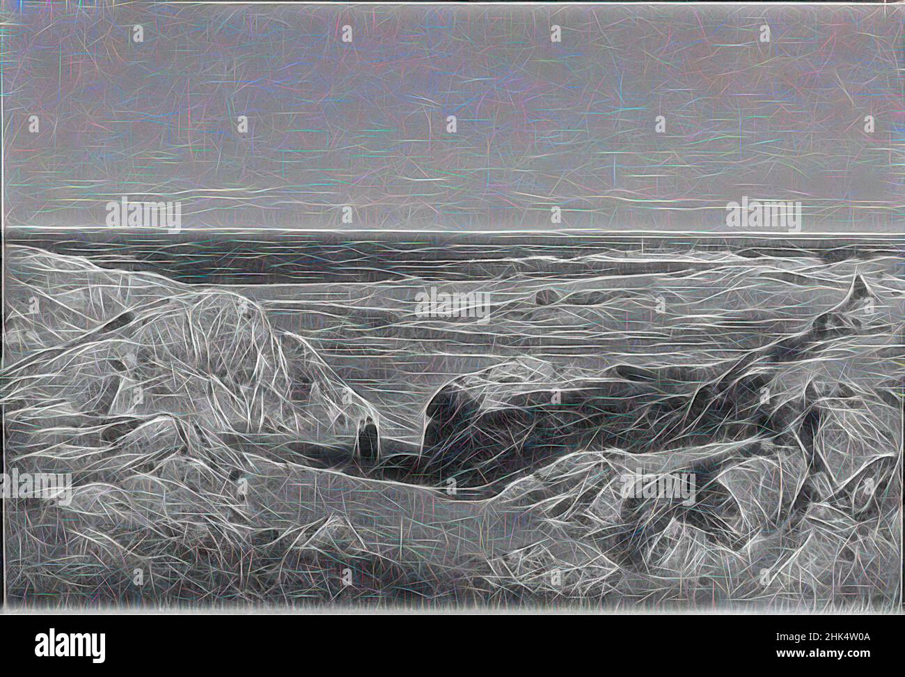 Inspiriert von Rocky Shore, Worthington Whittredge, Amerikaner, 1820-1910, Öl auf Leinwand, 1867, 13 7/8 x 20 1/4 Zoll, 35,2 x 51,4 cm, 1867, amerikanische Kunst, amerikanischer Künstler, Strand, Schwarz und Weiß, Felsbrocken, Küste, Untergang, Horizont-Linie, Hudson River School, Landschaft, Natur, Öl auf Leinwand, im Freien, Neu gestaltet von Artotop. Klassische Kunst neu erfunden mit einem modernen Twist. Design von warmen fröhlichen Leuchten der Helligkeit und Lichtstrahl Strahlkraft. Fotografie inspiriert von Surrealismus und Futurismus, umarmt dynamische Energie der modernen Technologie, Bewegung, Geschwindigkeit und Kultur zu revolutionieren Stockfoto