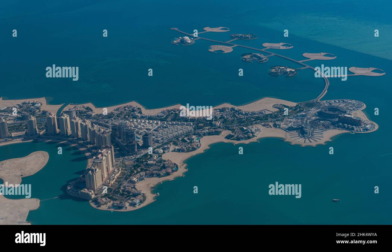 Luftaufnahme einer künstlichen Insel, Katar, Mittlerer Osten Stockfoto