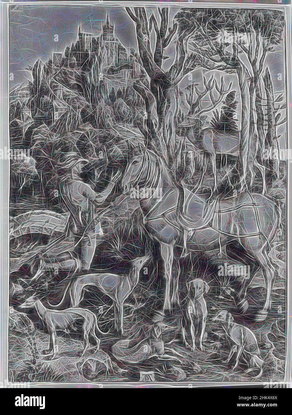 Inspiriert von St. Eustace, Albrecht Dürer, Deutsch, 1471-1528, Radierung auf gedrucktem Papier, 1561, 14 1/8 x 10 1/4 Zoll, 35,8 x 26 cm, neu gestaltet von Artotop. Klassische Kunst neu erfunden mit einem modernen Twist. Design von warmen fröhlichen Leuchten der Helligkeit und Lichtstrahl Strahlkraft. Fotografie inspiriert von Surrealismus und Futurismus, umarmt dynamische Energie der modernen Technologie, Bewegung, Geschwindigkeit und Kultur zu revolutionieren Stockfoto