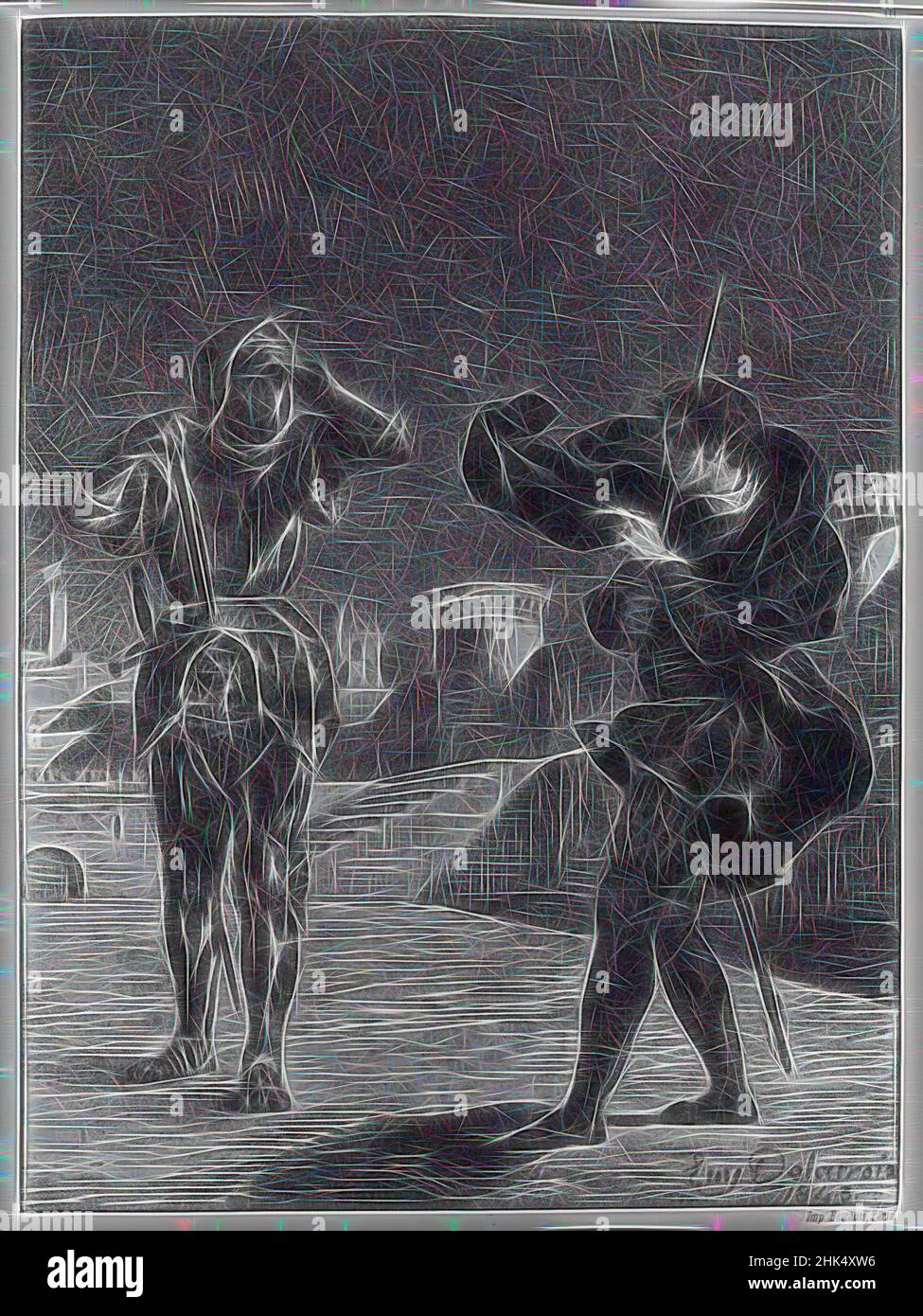Inspiriert von The Phantom on the Terrace, Hamlet, Eugène Delacroix, Französisch, 1798-1863, Lithographie auf Papier mit Wove Arches, 1843, 10 3/8 x 7 5/8 Zoll, 26,4 x 19,4 cm, neu gestaltet von Artotop. Klassische Kunst neu erfunden mit einem modernen Twist. Design von warmen fröhlichen Leuchten der Helligkeit und Lichtstrahl Strahlkraft. Fotografie inspiriert von Surrealismus und Futurismus, umarmt dynamische Energie der modernen Technologie, Bewegung, Geschwindigkeit und Kultur zu revolutionieren Stockfoto