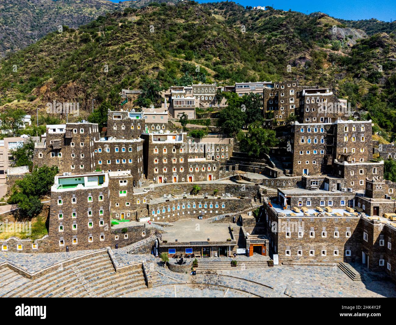 Luftaufnahme des Bergdorfes Rijal Almaa, Asir-Gebirge, Königreich Saudi-Arabien, Naher Osten Stockfoto