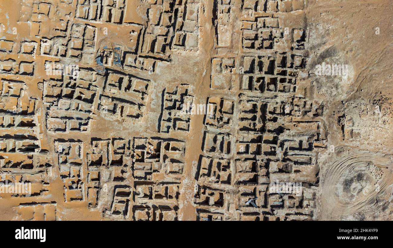 Luftaufnahme von Qaryat al-Faw Hauptstadt des ersten Kindah-Königreichs, Königreich Saudi-Arabien, Naher Osten Stockfoto