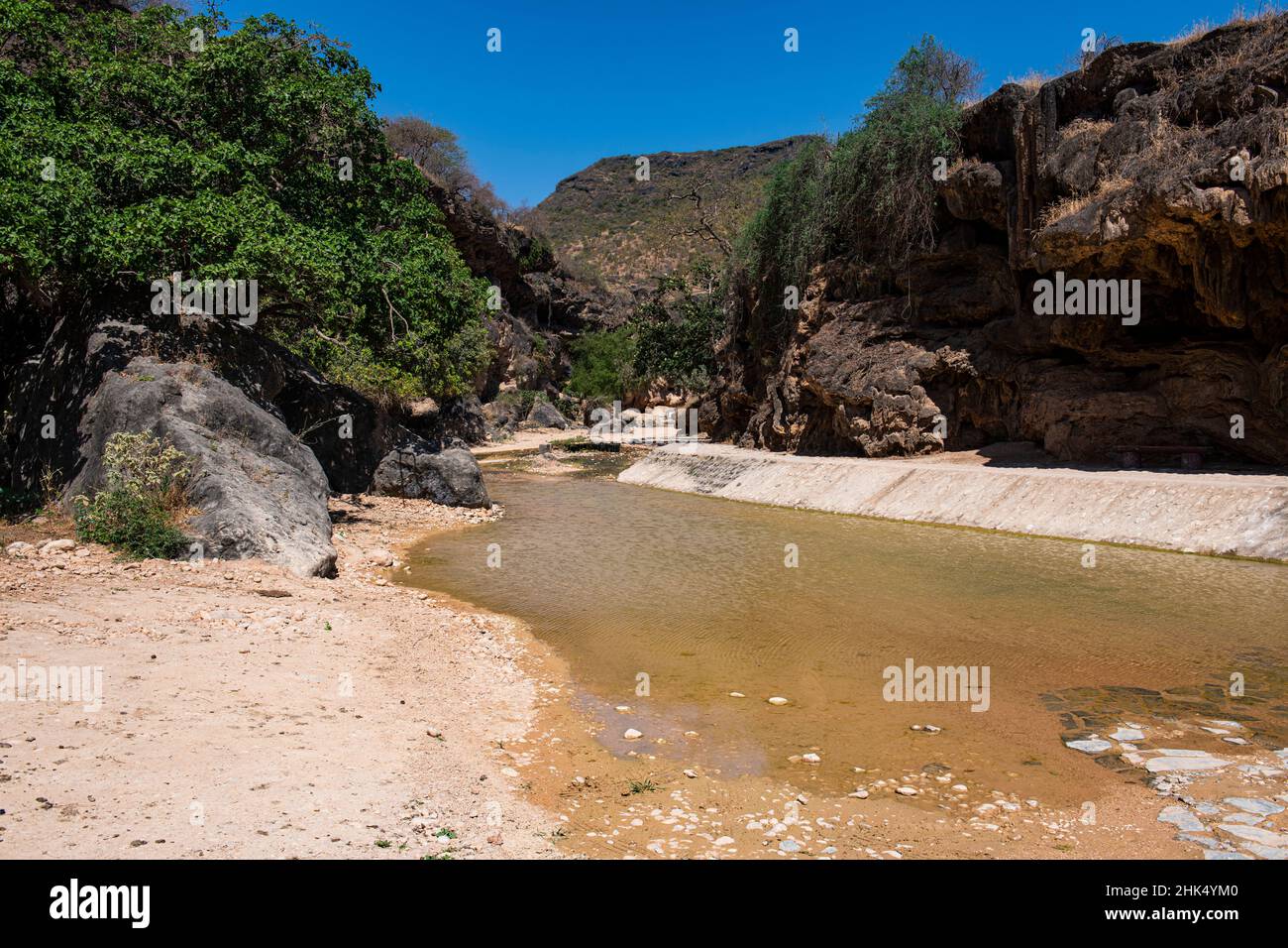 Fluss, der durch Ain Sahlounout, Salalah, Oman, Naher Osten fließt Stockfoto