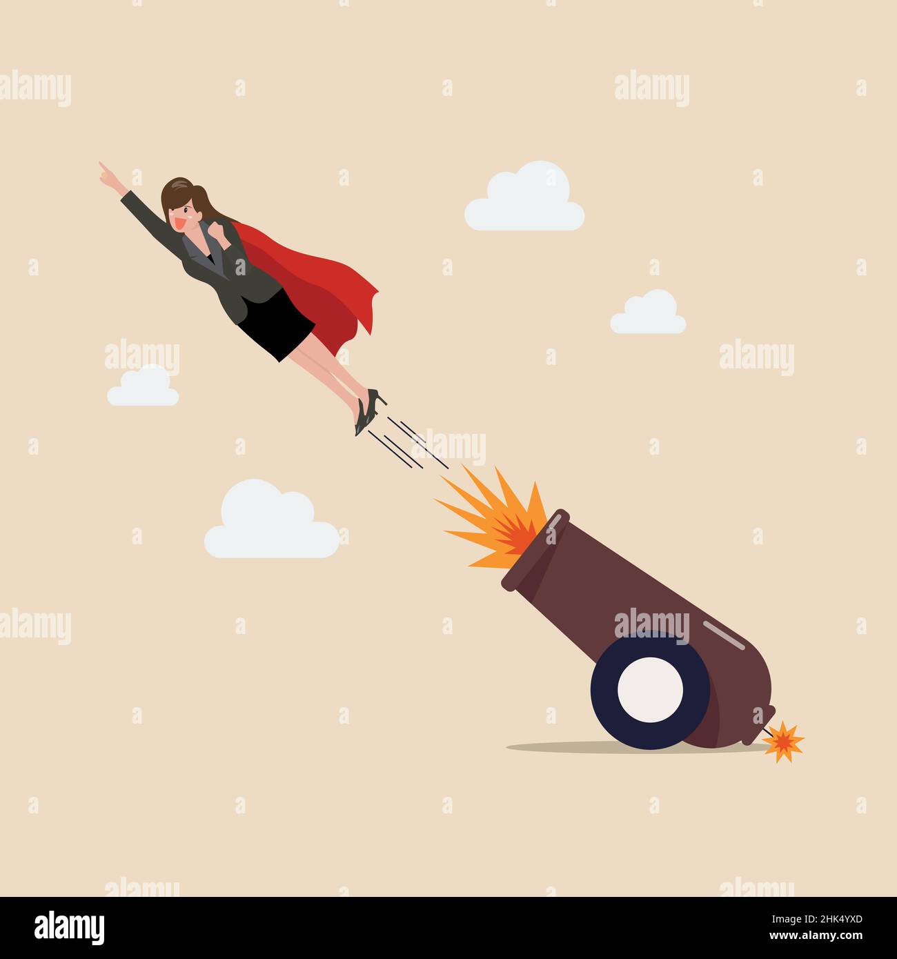 Geschäftsfrau schoss aus explosiver Kanone. Vektorgrafik. Karriereförderung oder beruflicher Aufstieg im Arbeitskonzept. Stock Vektor