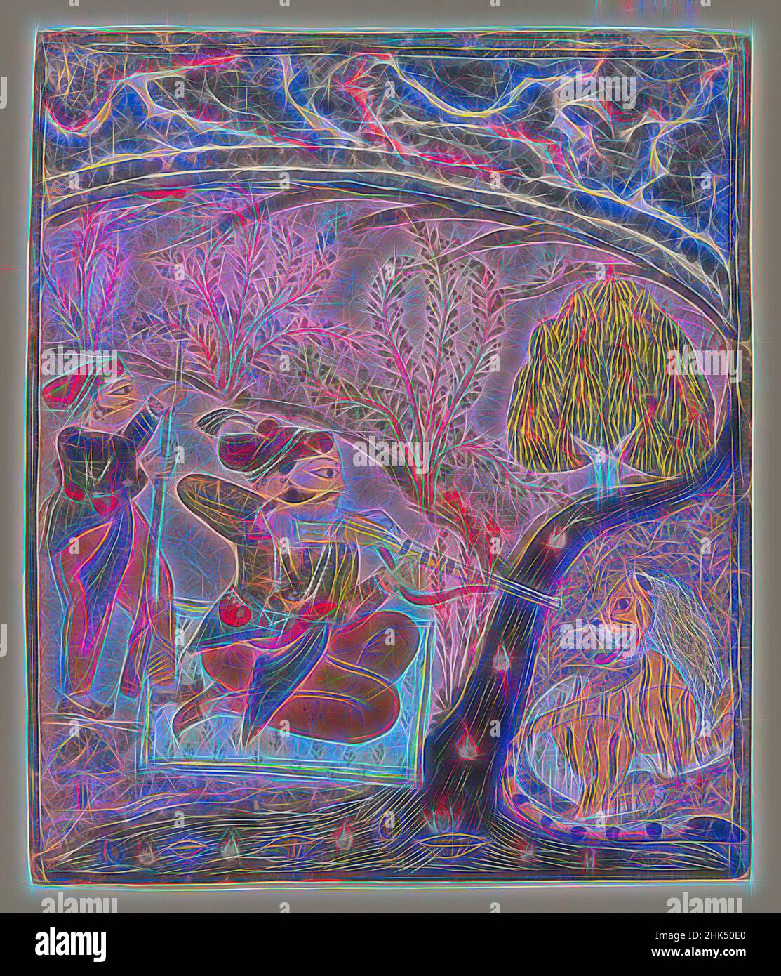 Inspiriert von Hunt Scene, Indian, opakes Aquarell auf Papier, Southeast, Rajasthan, Indien, ca. 1850, Blatt: 8 5/8 x 7 3/8 Zoll, 21,9 x 18,7 cm, Blumen, Jäger, Jagd, Indianer, Lotus, Muskete, Edelmann, Papier, Rajasthan, Gewehr, Diener, Sport, Stream, stilisiert, tiger, Aquarell, neu erfunden von Artotop. Klassische Kunst neu erfunden mit einem modernen Twist. Design von warmen fröhlichen Leuchten der Helligkeit und Lichtstrahl Strahlkraft. Fotografie inspiriert von Surrealismus und Futurismus, umarmt dynamische Energie der modernen Technologie, Bewegung, Geschwindigkeit und Kultur zu revolutionieren Stockfoto