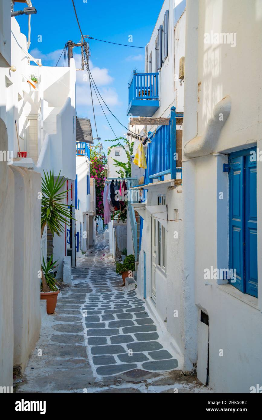 Blick auf die enge Straße, Mykonos-Stadt, Mykonos, Kykladen-Inseln, griechische Inseln, Ägäis, Griechenland, Europa Stockfoto