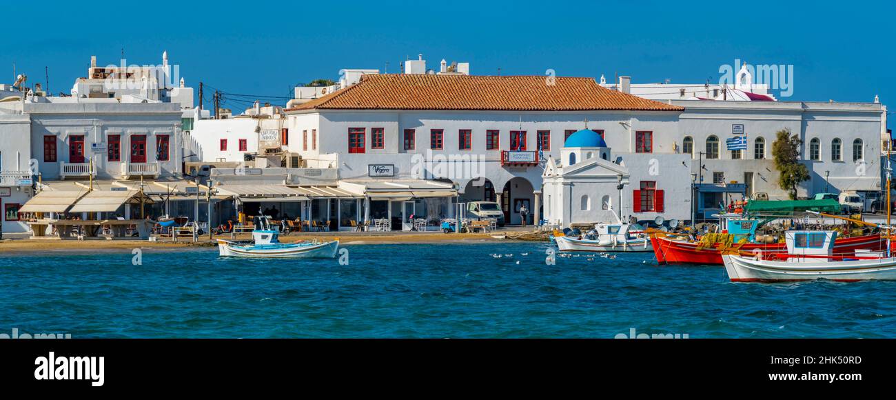 Blick auf die Boote im Hafen und Rathaus, Mykonos Stadt, Mykonos, Kykladen Inseln, Griechische Inseln, Ägäis, Griechenland, Europa Stockfoto