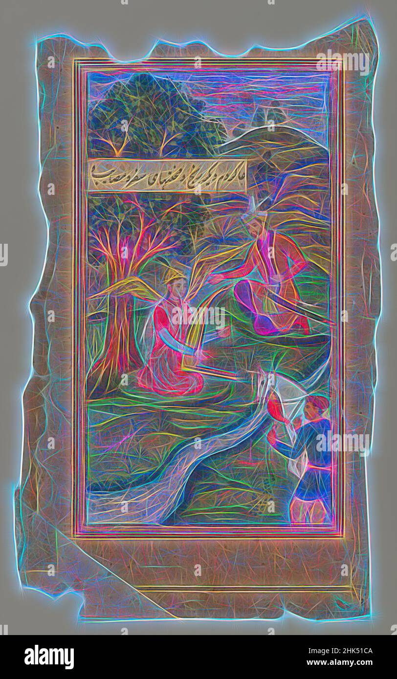 Inspiriert von Mughal Miniature Painting, Aquarell auf Papier, Indien, ca. 1600, Mughal, Reign of Akbar, 5 5/8 x 3 Zoll, 14,3 x 7,6 cm, Bild, neu gestaltet von Artotop. Klassische Kunst neu erfunden mit einem modernen Twist. Design von warmen fröhlichen Leuchten der Helligkeit und Lichtstrahl Strahlkraft. Fotografie inspiriert von Surrealismus und Futurismus, umarmt dynamische Energie der modernen Technologie, Bewegung, Geschwindigkeit und Kultur zu revolutionieren Stockfoto