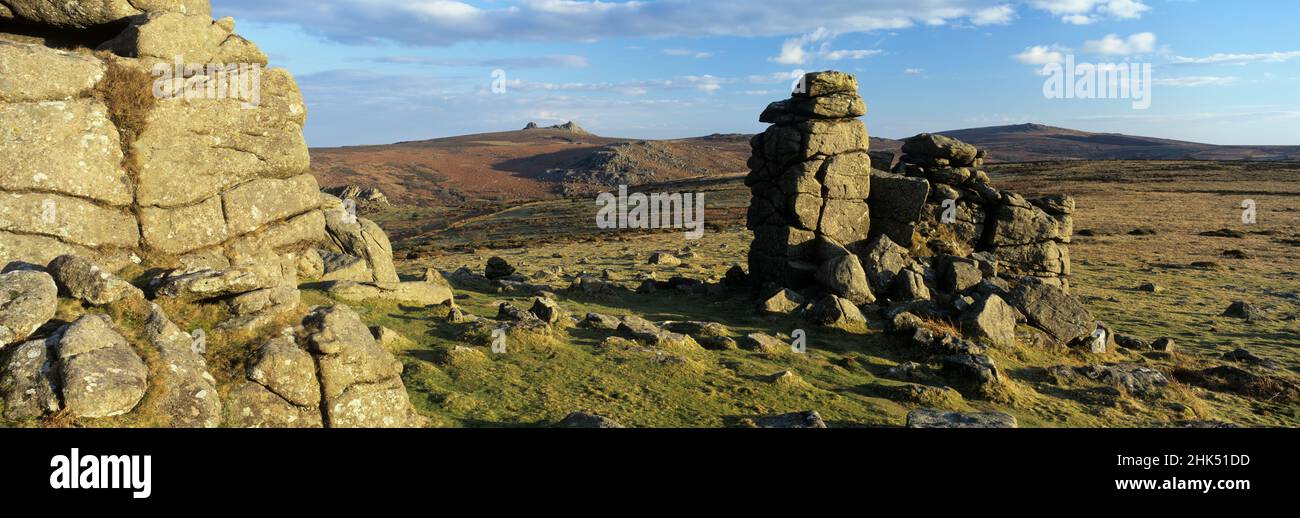 Hound Tor Granitfelsen im Abendlicht, in der Nähe von Manaton, Dartmoor National Park, Devon, England, Vereinigtes Königreich, Europa Stockfoto
