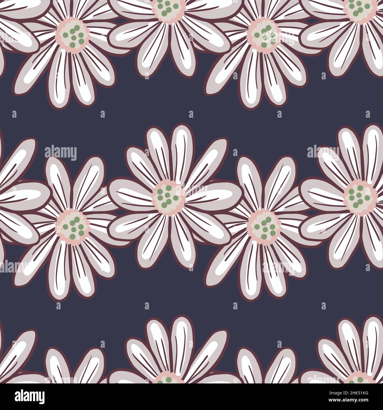 Florales Nahtloses Muster mit konturierter Gänseblümchen-Großblütenverzierung. Dunkelmarineblauer Hintergrund. Blütendruck. Abbildung des Bestandes. Vektor-Design für texti Stock Vektor