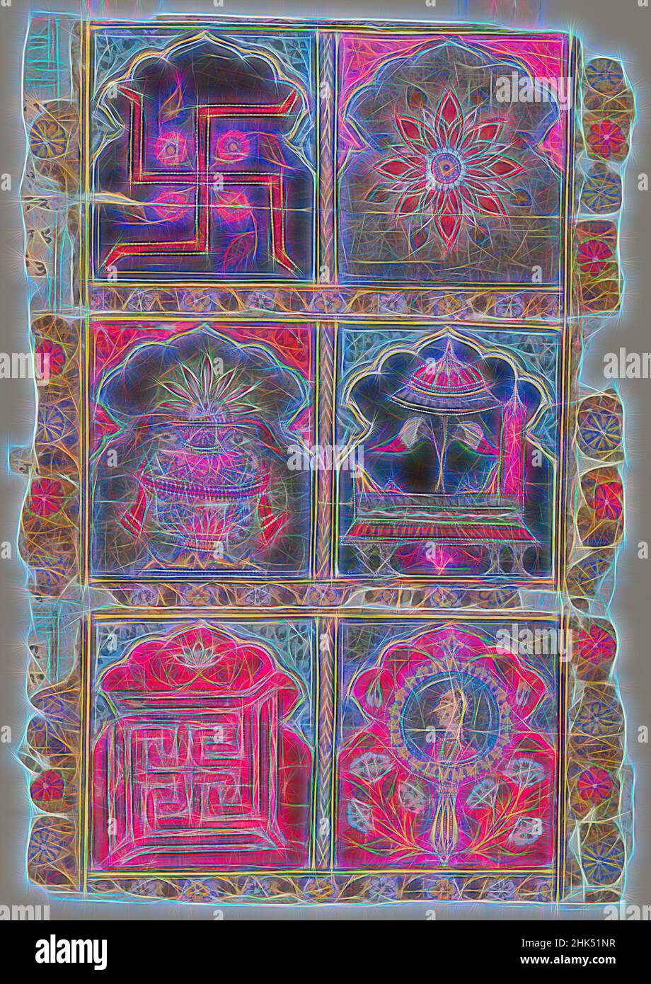 Inspiriert von Fragment eines Jain Vijnaptipatra, indisch, opakes Aquarell auf Papier, Rajasthan, Indien, ca. 1725-1750, Blatt: 12 1/2 x 8 5/8 Zoll, 31,8 x 21,9 cm, Ashtamangala, Bhadrasana, Darpana, Blumen, Einladung, Jain, Kalasha, Lotus, Mewar School, Spiegel, Mönche, Nandyavarta, Papier, Sonnenschirm, Neu gestaltet von Artotop. Klassische Kunst neu erfunden mit einem modernen Twist. Design von warmen fröhlichen Leuchten der Helligkeit und Lichtstrahl Strahlkraft. Fotografie inspiriert von Surrealismus und Futurismus, umarmt dynamische Energie der modernen Technologie, Bewegung, Geschwindigkeit und Kultur zu revolutionieren Stockfoto
