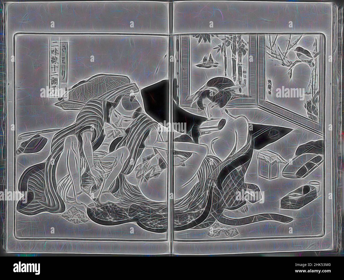 Inspiriert von Shamisen Junicho-shi, Yanagawa Shigenobu, 1787-1832, „Shamisen Juni Cho-shi“. Yanagawa Shigenobu, Japan, ca. 1820, Edo-Periode, 10 1/8 x 7 3/16 Zoll, je 25,7 x 18,3 cm, neu erfunden von Artotop. Klassische Kunst neu erfunden mit einem modernen Twist. Design von warmen fröhlichen Leuchten der Helligkeit und Lichtstrahl Strahlkraft. Fotografie inspiriert von Surrealismus und Futurismus, umarmt dynamische Energie der modernen Technologie, Bewegung, Geschwindigkeit und Kultur zu revolutionieren Stockfoto