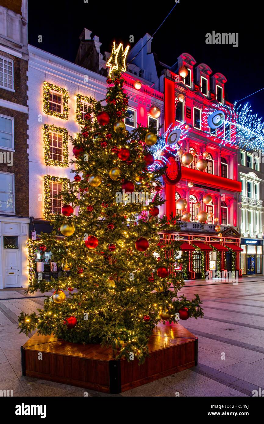 Weihnachtsschmuck in der New Bond Street, London, England, Großbritannien, Europa Stockfoto