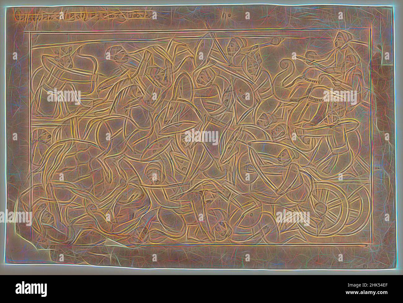 Inspiriert durch Linienzeichnung einer Battle-Szene aus einer Bhagavata Purana-Serie, indisch, zugeschrieben Manaku, indisch, aktives c.. 1725-1760, Tinte auf Papier, Punjab Hills, Indien, ca. 1740-45, Blatt: 8 5/8 x 12 3/4 Zoll, 21,9 x 32,4 cm, neu erfunden von Artotop. Klassische Kunst neu erfunden mit einem modernen Twist. Design von warmen fröhlichen Leuchten der Helligkeit und Lichtstrahl Strahlkraft. Fotografie inspiriert von Surrealismus und Futurismus, umarmt dynamische Energie der modernen Technologie, Bewegung, Geschwindigkeit und Kultur zu revolutionieren Stockfoto