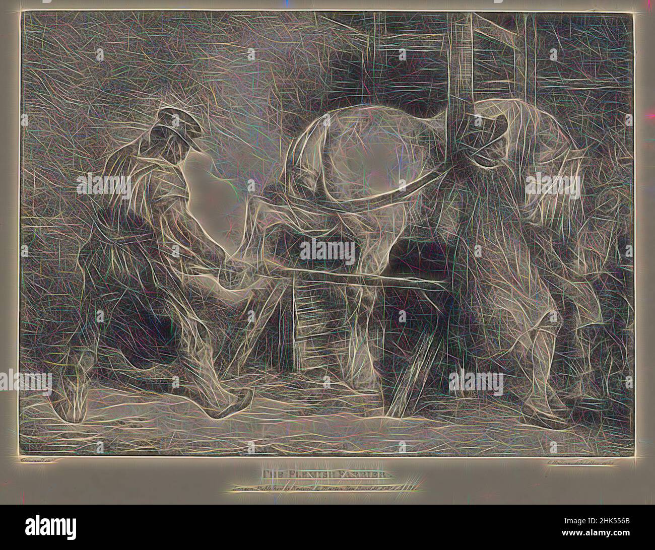 Inspiriert von der flämischen Farrier, Théodore Géricault, französisch, 1791-1829, Lithographie auf Gewebspapier, Bild: 8 7/8 x 12 3/8 in., 22,5 x 31,4 cm, Scheune, schwarz-weiß, Kreide, Zeichnung, Hufeisen, Pferd, Hufeisen, Arbeit, Lithographie, Stabil, Handel, un cheval, Arbeit, neu erfunden von Artotop. Klassische Kunst neu erfunden mit einem modernen Twist. Design von warmen fröhlichen Leuchten der Helligkeit und Lichtstrahl Strahlkraft. Fotografie inspiriert von Surrealismus und Futurismus, umarmt dynamische Energie der modernen Technologie, Bewegung, Geschwindigkeit und Kultur zu revolutionieren Stockfoto