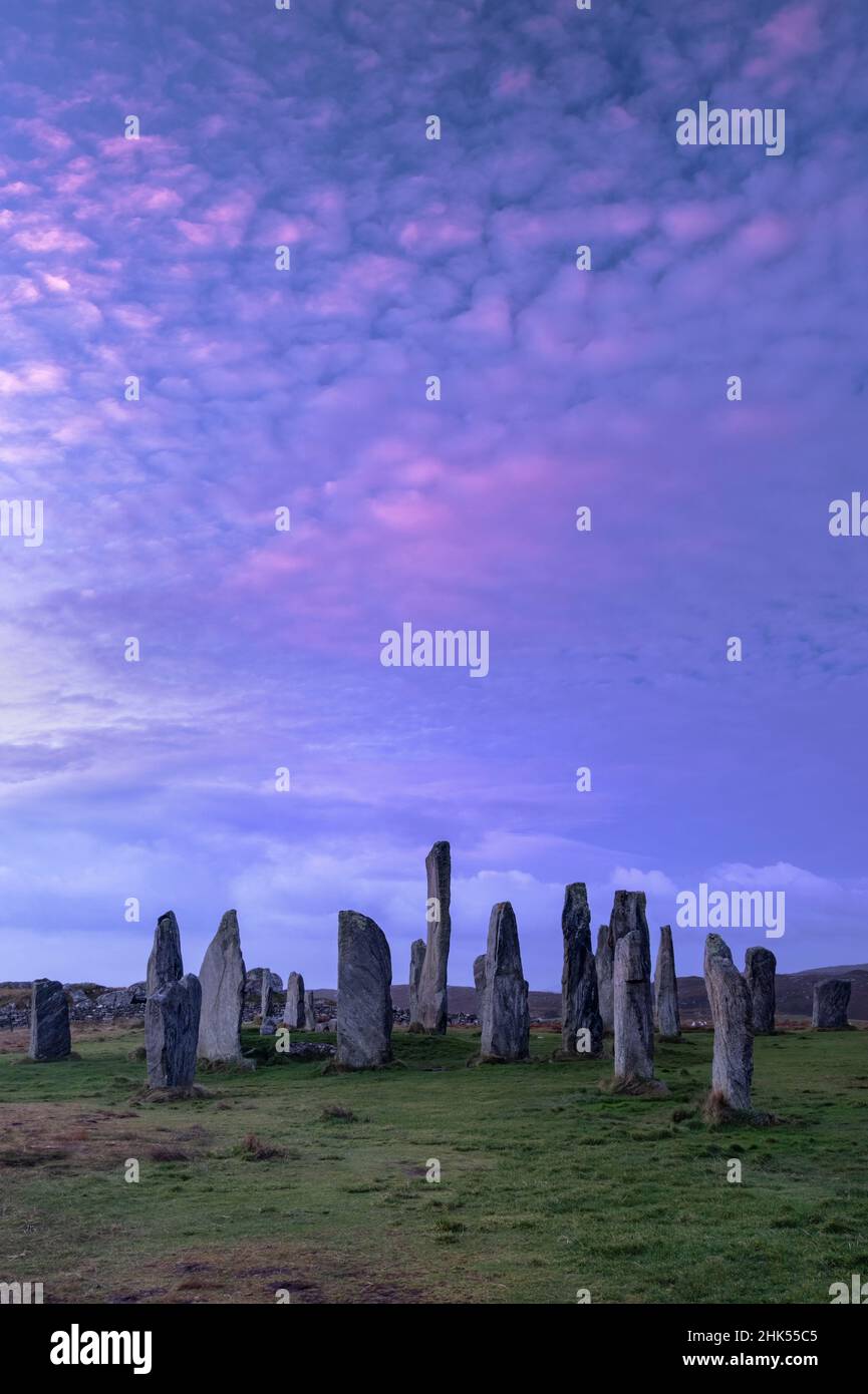 Die Callanish Standing Stones bei Sonnenaufgang, Callanish, Isle of Lewis, Äußere Hebriden, Schottland, Vereinigtes Königreich, Europa Stockfoto