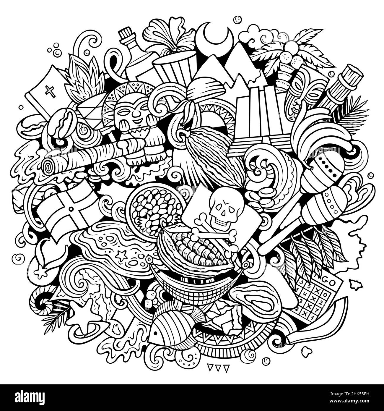 Dominikanische Republik handgezeichnete Cartoon Doodle Illustration. Lustiges Dominikanisches Design. Kreativer Vektor-Hintergrund mit nordamerikanischen Country-Elementen Stock Vektor