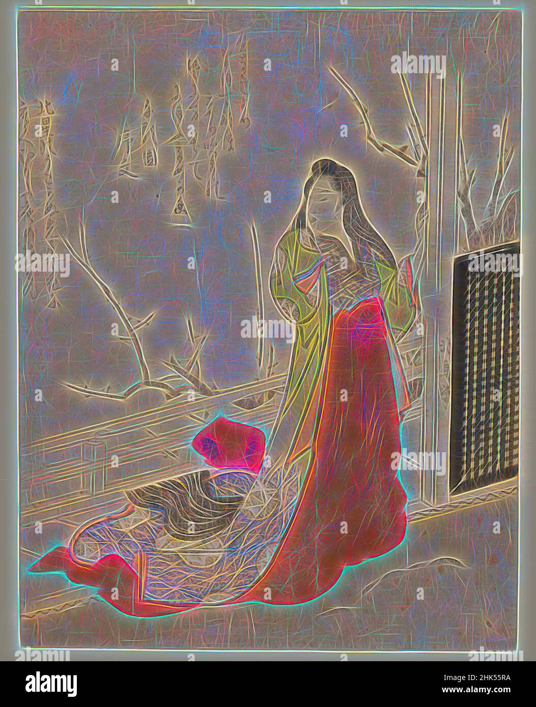 Inspiriert von Lady in Court Dress auf Veranda mit blühender Pflaume, Totoya Hokkei, japanisch, 1780-1850, Farbholzschnitt auf Papier, Japan, ca. 1820, Edo-Periode, 8 1/4 x 6 5/8 Zoll, 21 x 16,8 cm, Bijinga, Edo-Periode, Mode, Kimono, Minimal, Terrace, Woman, Reinmagined von Artotop. Klassische Kunst neu erfunden mit einem modernen Twist. Design von warmen fröhlichen Leuchten der Helligkeit und Lichtstrahl Strahlkraft. Fotografie inspiriert von Surrealismus und Futurismus, umarmt dynamische Energie der modernen Technologie, Bewegung, Geschwindigkeit und Kultur zu revolutionieren Stockfoto