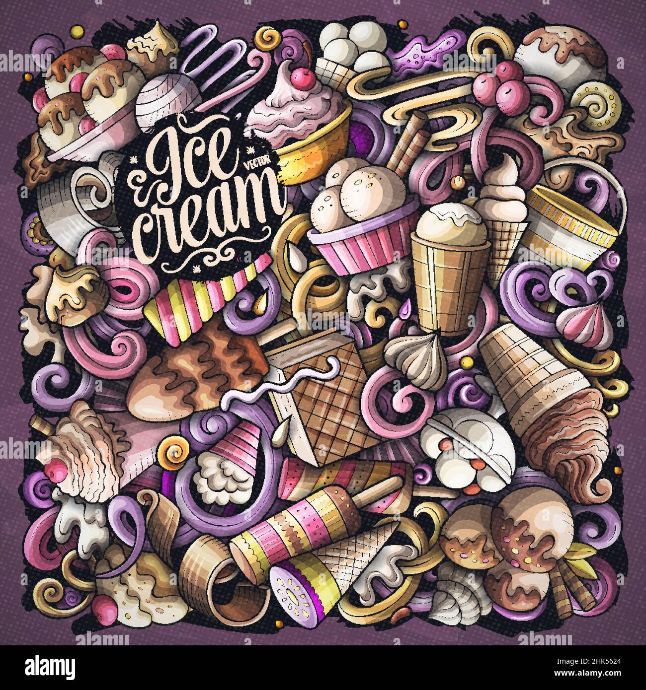 Eis handgezeichnete Vektor-Doodles Illustration. Posterdesign für Süßigkeiten. Sweet Food Elemente und Objekte Cartoon Hintergrund. Helle Farben lustige Bild Stock Vektor
