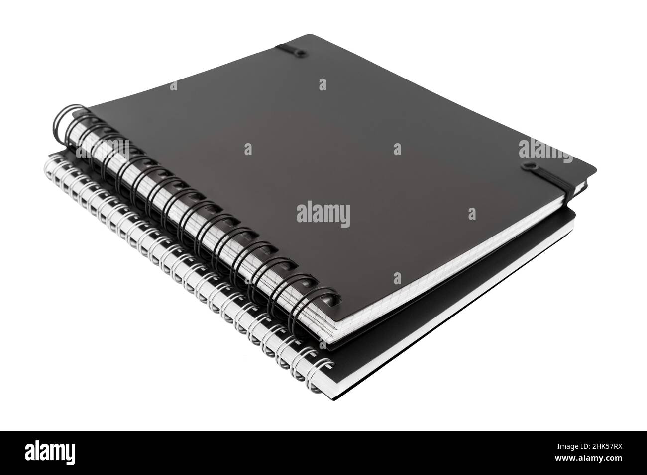 Zwei Notizblöcke vor weißem Hintergrund isoliert Stockfoto