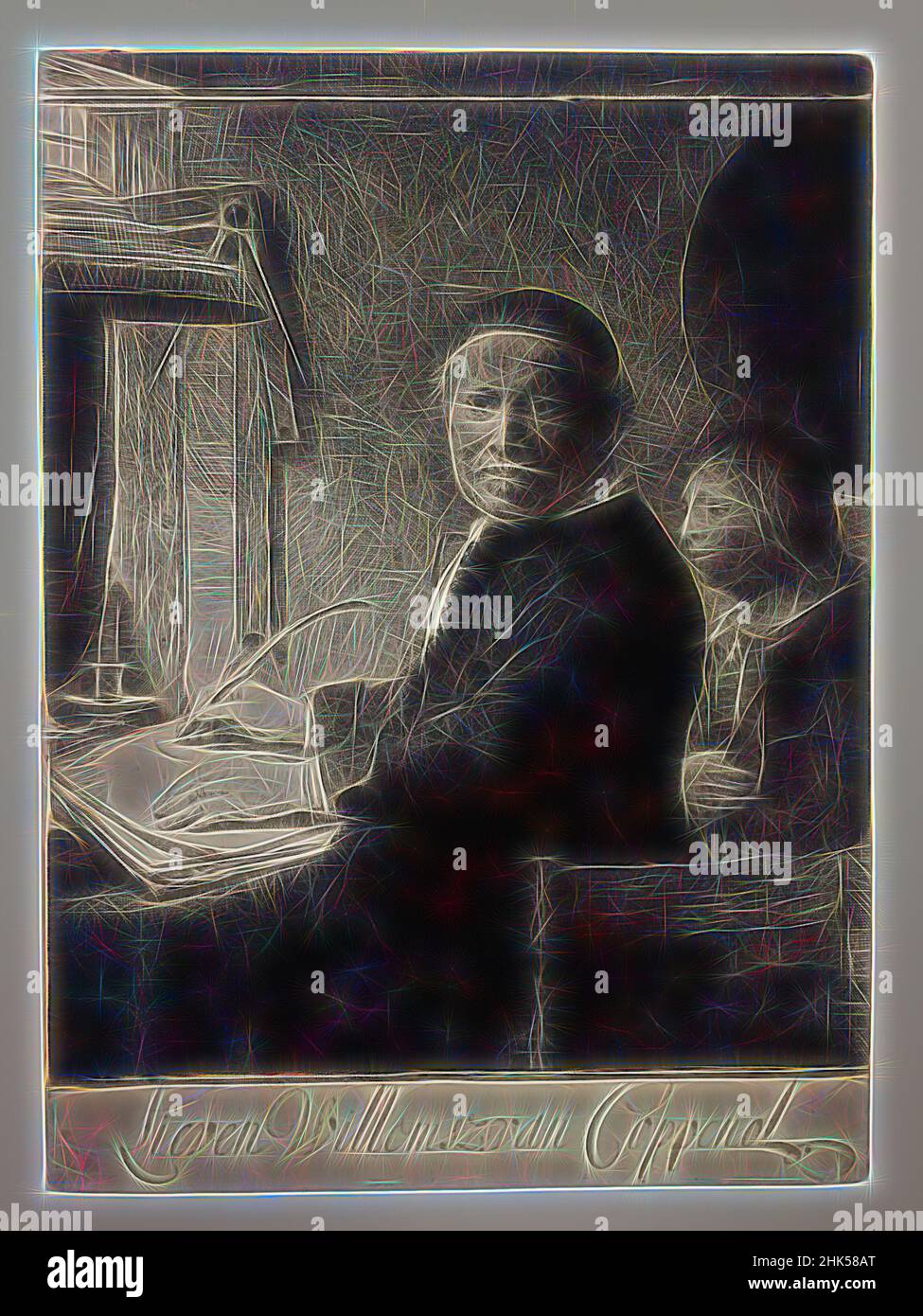 Inspiriert von Lieven Willemsz Van Coppenol, Schreibmeister, Rembrandt Harmensz. Van Rijn, Niederländisch, 1606-1669, Radierung, Trockenpunkt, Und Burin auf Papier, Niederlande, ca. 1658, Platte: 10 1/4 x 7 1/2 Zoll, 26 x 19,1 cm, neu gestaltet von Artotop. Klassische Kunst neu erfunden mit einem modernen Twist. Design von warmen fröhlichen Leuchten der Helligkeit und Lichtstrahl Strahlkraft. Fotografie inspiriert von Surrealismus und Futurismus, umarmt dynamische Energie der modernen Technologie, Bewegung, Geschwindigkeit und Kultur zu revolutionieren Stockfoto