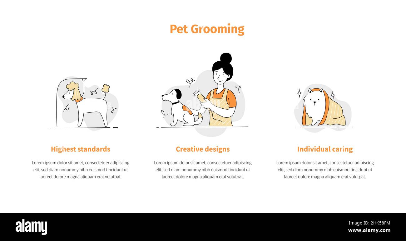 PET Grooming Salon Icon Set für mobile App, Site Template. Cute Hund Beauty Grooming Salon, waschen, Pflege Haar des Haustieres. Doodle Linie Stil Tier und Charakter. Vektorgrafik. Stock Vektor