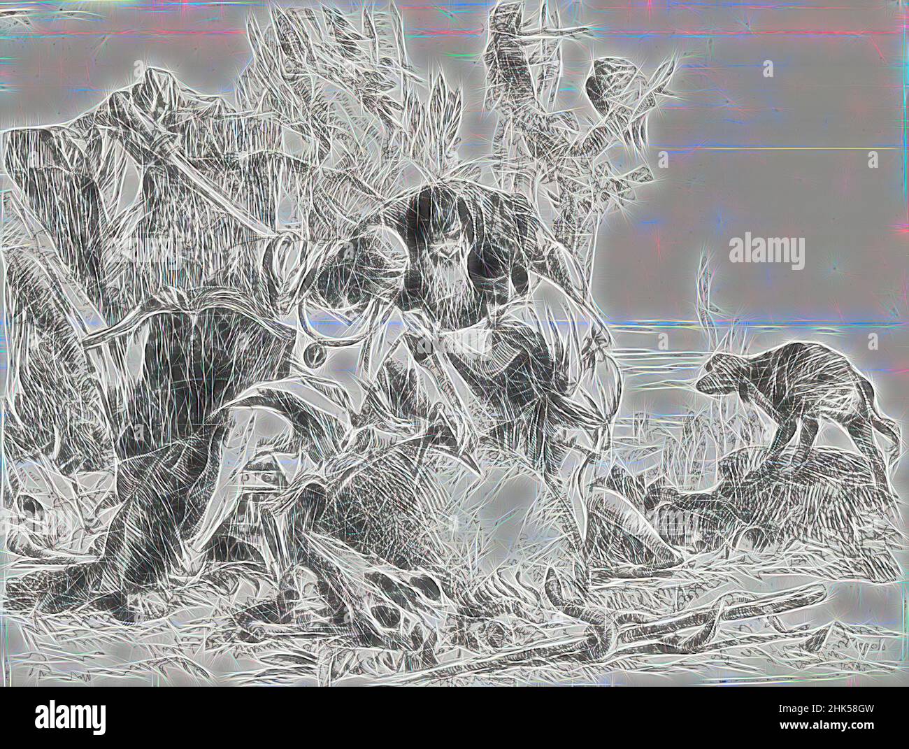 Inspiriert von zwei Zauberern mit Kind, aus der Serie: 'Scherzi di Fantasia', Giovanni Battista Tiepolo, italienisch, venezianisch,1696-1770, Radierung auf weißem Papier, Italien, 5 1/2 x 7 3/8 Zoll, 13,9 x 18,8 cm, Menschen, neu erfunden von Artotop. Klassische Kunst neu erfunden mit einem modernen Twist. Design von warmen fröhlichen Leuchten der Helligkeit und Lichtstrahl Strahlkraft. Fotografie inspiriert von Surrealismus und Futurismus, umarmt dynamische Energie der modernen Technologie, Bewegung, Geschwindigkeit und Kultur zu revolutionieren Stockfoto