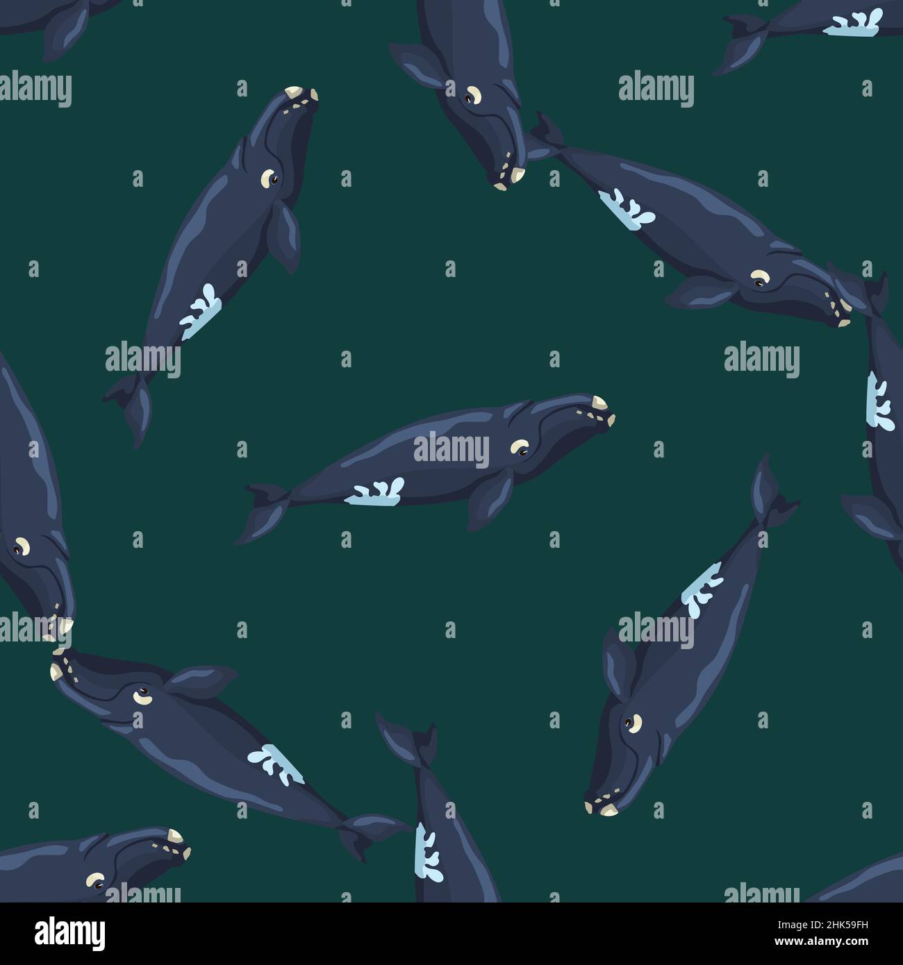 Nahtloses Muster rechts Wal auf grünem Hintergrund. Vorlage der Cartoon-Charakter des Ozeans für Stoff.wiederholte zufällige Textur mit marinen cetacean.Desig Stock Vektor
