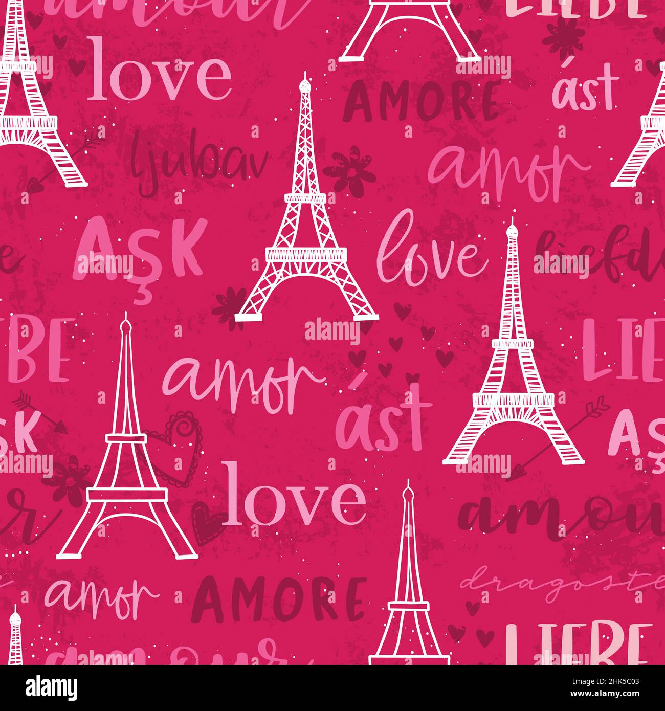 Romantisches handgezeichnetes Eiffelturm nahtloses Muster, großer Valentinstag Hintergrund mit dem Wort "Liebe" in verschiedenen Sprachen, ideal für Textilien, b Stock Vektor