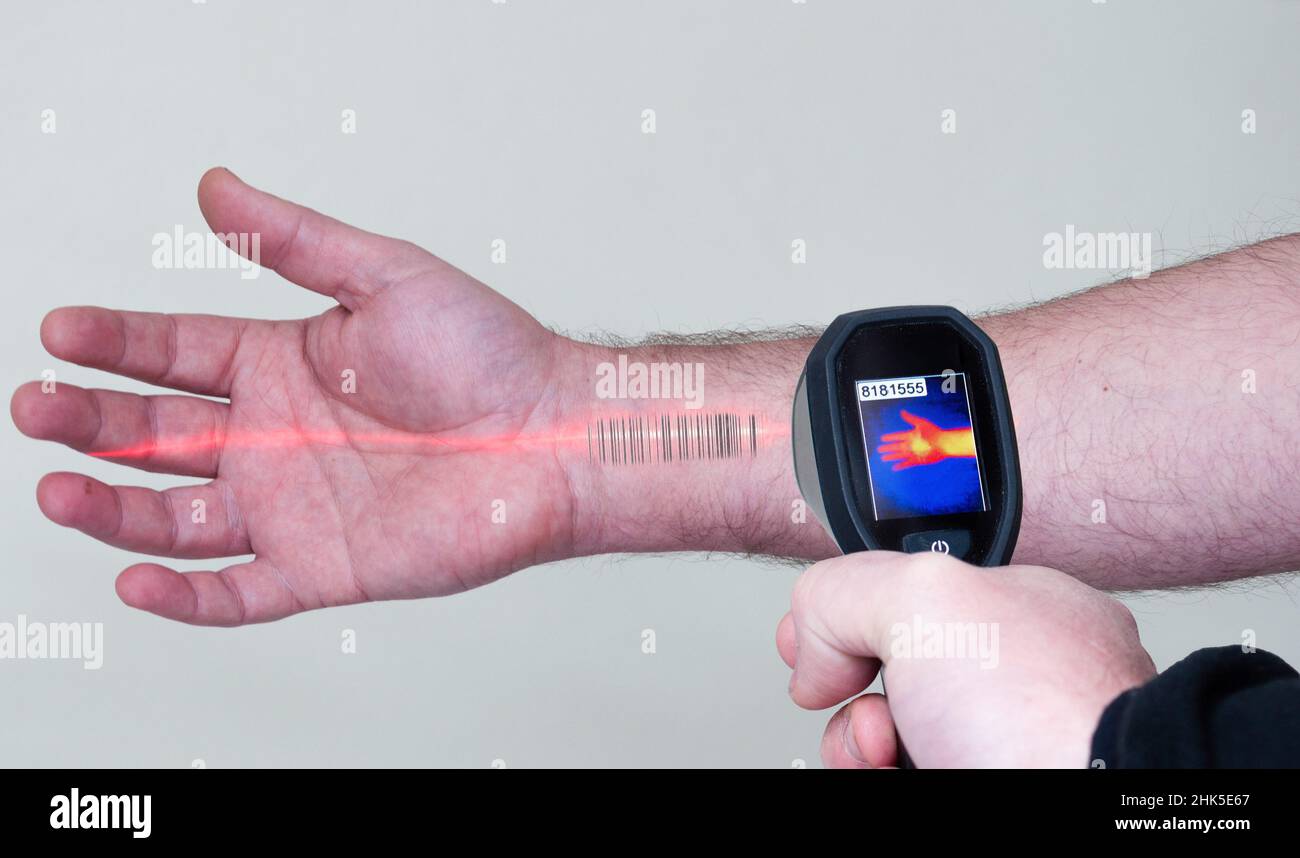 Der Scanner liest einen Barcode auf dem Arm eines Mannes. Ein optischer Infrarot-Leser. Ein roter Strahl und ein Thermograph zeigen den Arm auf dem Display Stockfoto