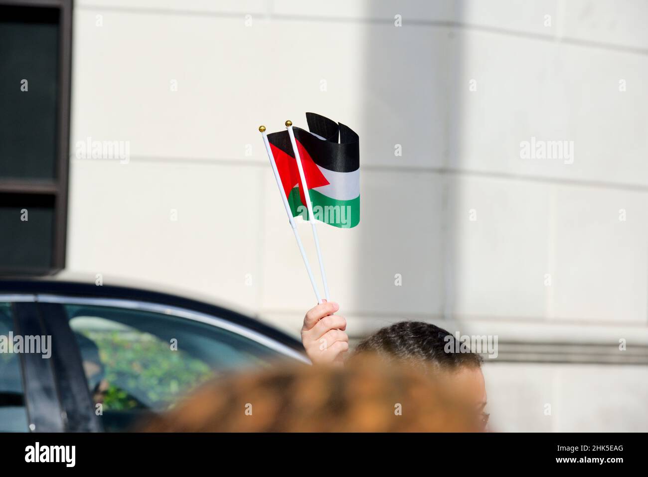 An einem sonnigen Tag winken kleine handgeführte palästinensische Fahnen vor der Free Palestine Demonstration in Houston, Texas. Stockfoto