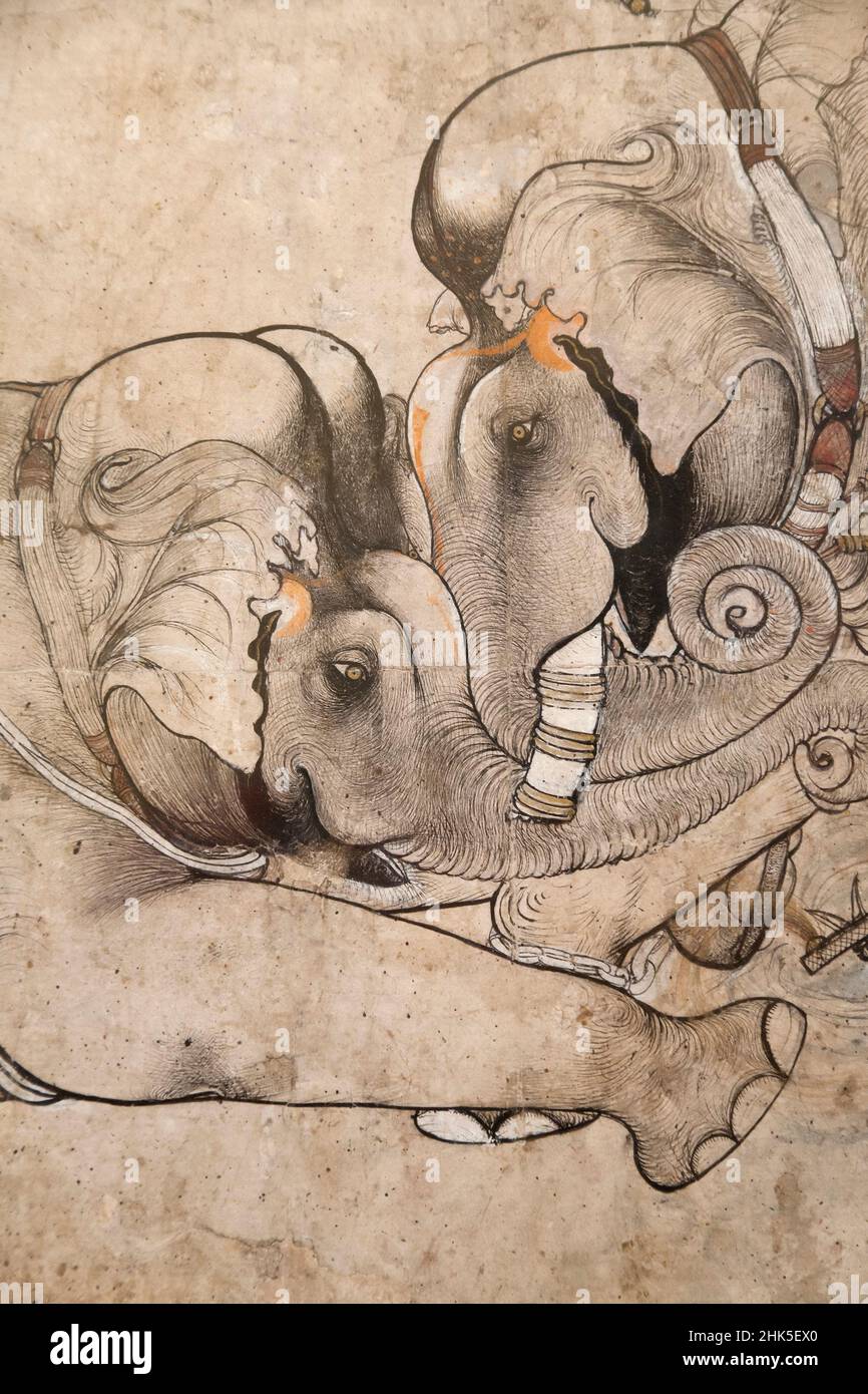 Erhabene Mughal Gemälde von Elefanten kämpfen im Ashmolean Museum. Beherbergt die Universität von OxfordÕs große Sammlungen von Kunst und Antiquitäten, die Stockfoto