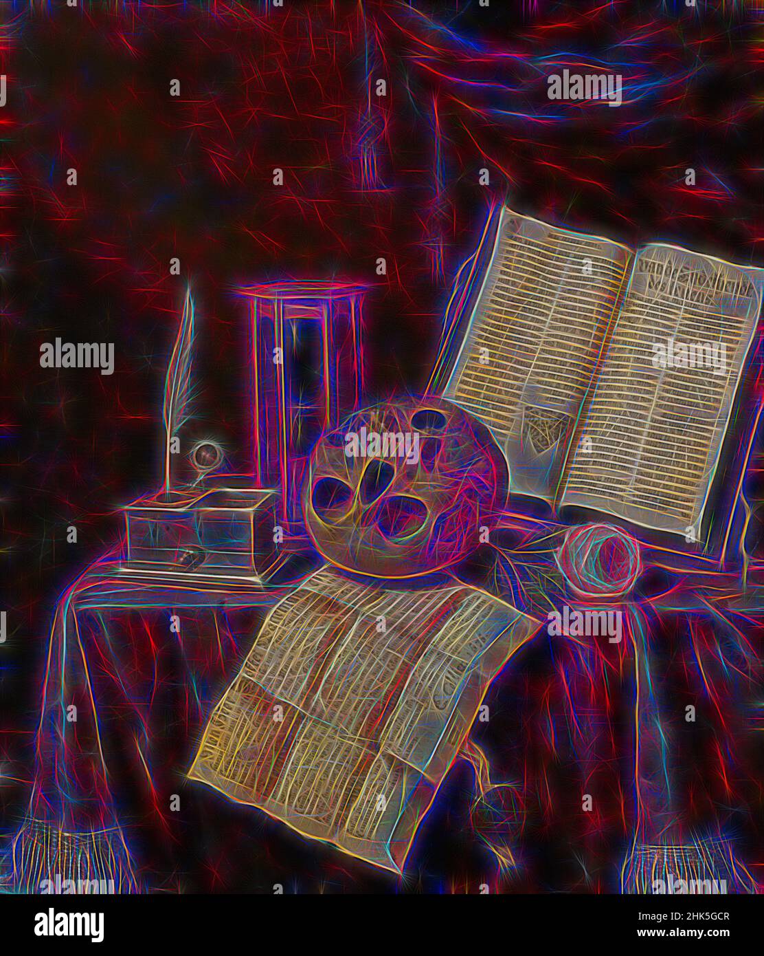 Inspiriert von Vanitas Stillleben, Edwaert Collier, 1675, neu erfunden von Artotop. Klassische Kunst neu erfunden mit einem modernen Twist. Design von warmen fröhlichen Leuchten der Helligkeit und Lichtstrahl Strahlkraft. Fotografie inspiriert von Surrealismus und Futurismus, umarmt dynamische Energie der modernen Technologie, Bewegung, Geschwindigkeit und Kultur zu revolutionieren Stockfoto