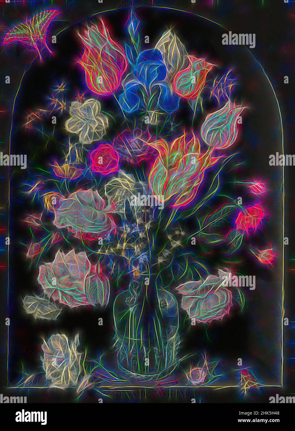 Inspiriert von Blumen in einer Glasflasche, Jacob de Gheyn II, 1612, neu erfunden von Artotop. Klassische Kunst neu erfunden mit einem modernen Twist. Design von warmen fröhlichen Leuchten der Helligkeit und Lichtstrahl Strahlkraft. Fotografie inspiriert von Surrealismus und Futurismus, umarmt dynamische Energie der modernen Technologie, Bewegung, Geschwindigkeit und Kultur zu revolutionieren Stockfoto