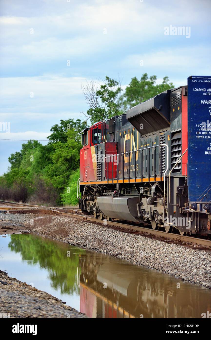 Bartlett, Illinois, USA. Während sie teilweise in Regenwasser reflektiert wird, führt eine Lokomotive der Canadian National Railway einen Güterzug. Stockfoto