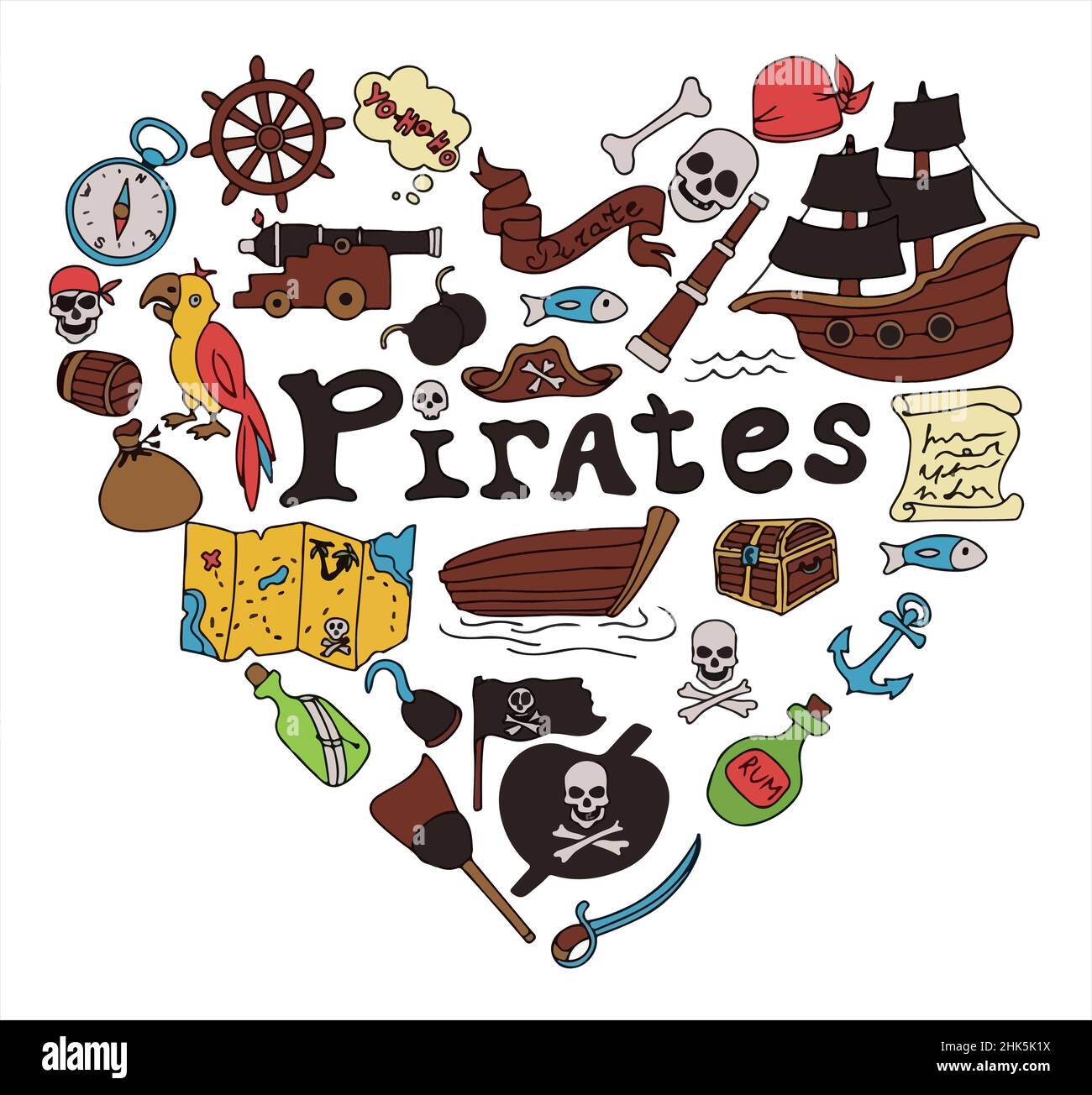 Vektor-Doodle Piratenherz. Eine Karte mit einer handgezeichneten Skizze eines Meerjungfrau-Schiffes und von Piratenartikeln. Vorlage für Kinderpostkarten. Schatzkarte Stock Vektor