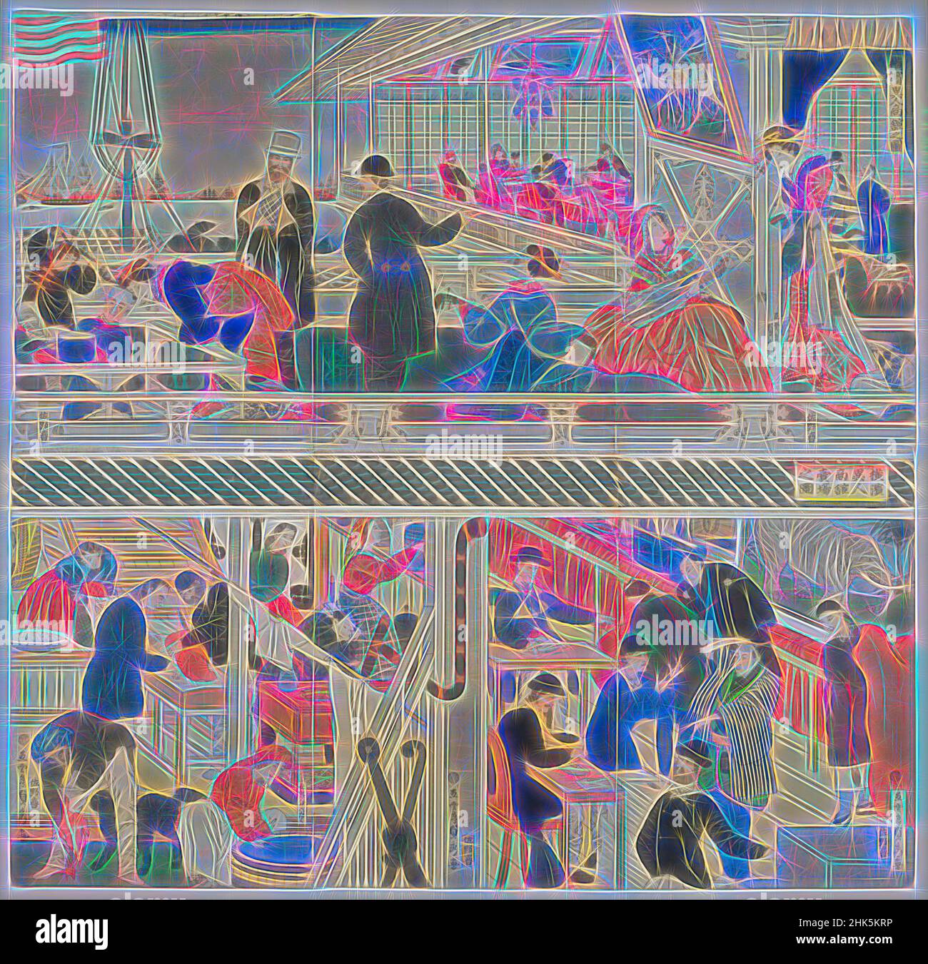 Inspiriert von Bild eines Verkaufsraums in einer ausländischen Handelsfirma in Yokohama, Utagawa Sadahide, japanisch, 1807–1873, Edo-Zeit, 1615–1868, Sanoya Kihei, japanisch, aktiv Mitte des 19th. Jahrhunderts, 1861, Hexaptychon von Farbholzschnitten, hergestellt in Japan, Asien, Drucke, gesamt: 29 x 29 7/8 Zoll (73,7 x 75,9 cm, neu erfunden von Artotop. Klassische Kunst neu erfunden mit einem modernen Twist. Design von warmen fröhlichen Leuchten der Helligkeit und Lichtstrahl Strahlkraft. Fotografie inspiriert von Surrealismus und Futurismus, umarmt dynamische Energie der modernen Technologie, Bewegung, Geschwindigkeit und Kultur zu revolutionieren Stockfoto