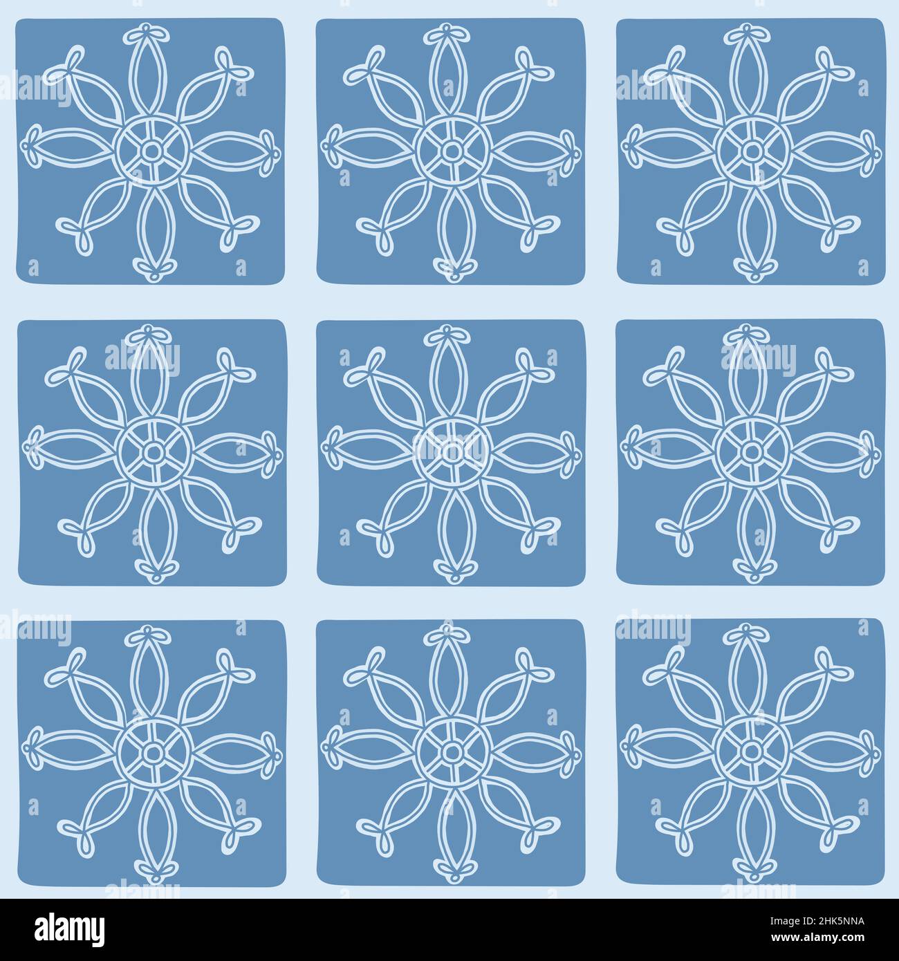 Handgezeichnetes blaues quadratisches Muster. Hintergrund mit floralem Kariert. Stock Vektor