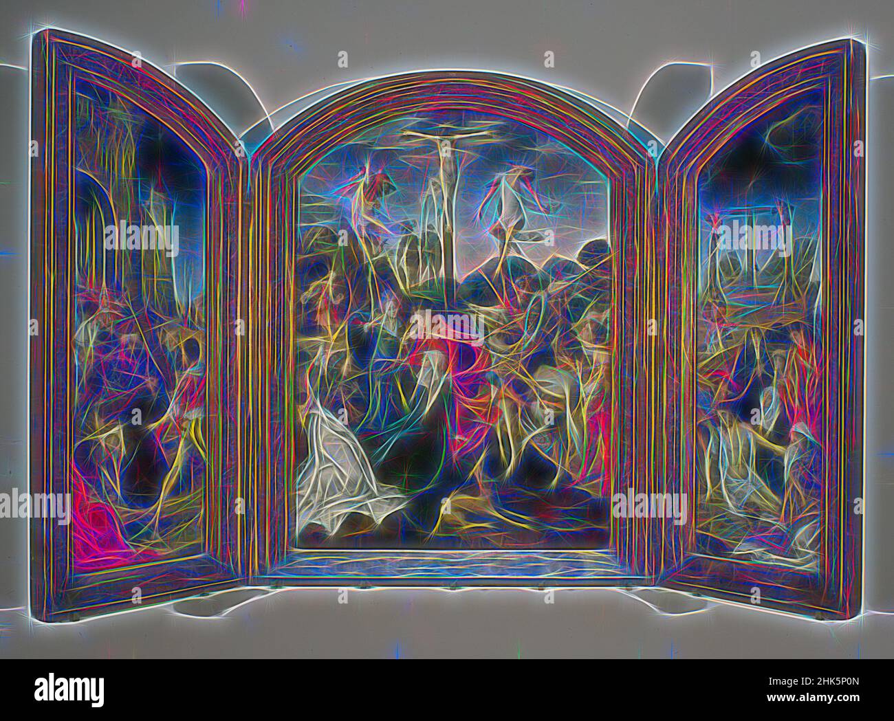 Inspiriert von Triptychon der Passion, Schule von Antwerpen, Flämisch, ca. 1515–20, Öl auf Tafel, Hergestellt in Antwerpen, Belgien, Europa, Gemälde, Mittelkonsole: 45 1/4 x 32 1/4 Zoll (114,9 x 81,9 cm, neu erfunden von Artotop. Klassische Kunst neu erfunden mit einem modernen Twist. Design von warmen fröhlichen Leuchten der Helligkeit und Lichtstrahl Strahlkraft. Fotografie inspiriert von Surrealismus und Futurismus, umarmt dynamische Energie der modernen Technologie, Bewegung, Geschwindigkeit und Kultur zu revolutionieren Stockfoto