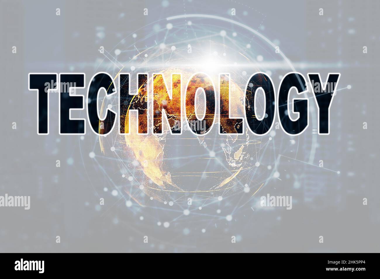 Partikel Erde mit Technologie-Netzwerk Kreis über dem Foto verschwommen Stadtbild Hintergrund, Technologie Textmarkierung und Technologie und Innovation Co Stockfoto